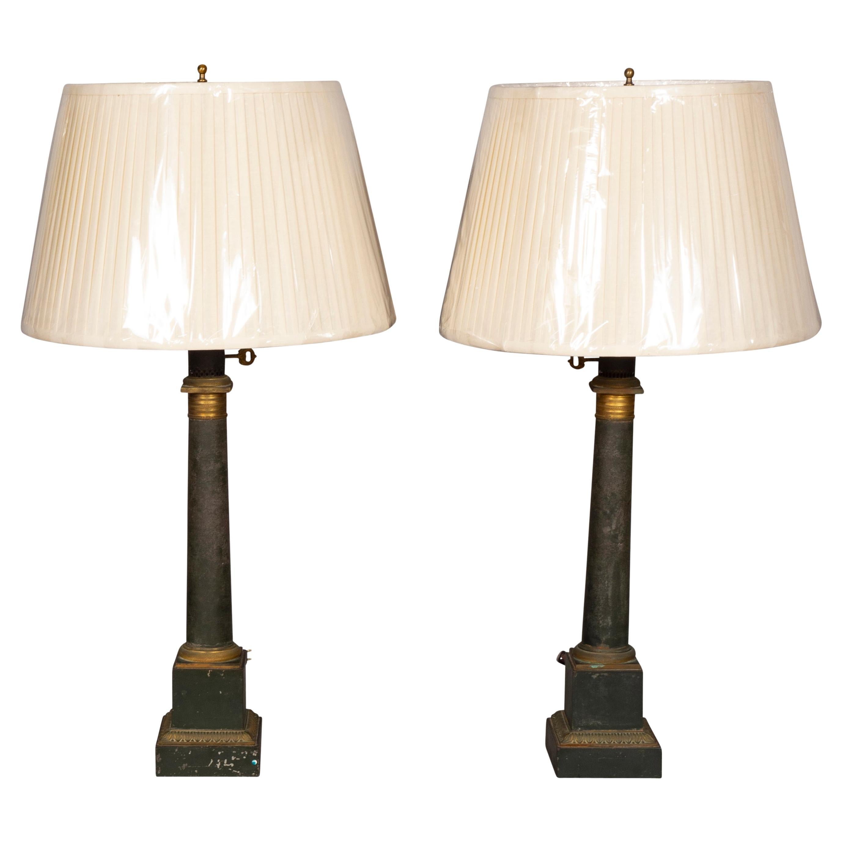 Pair of French Tole Columnar Table Lamps For Sale