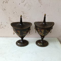 Pair of French Tole Covered Urns Circa 1950