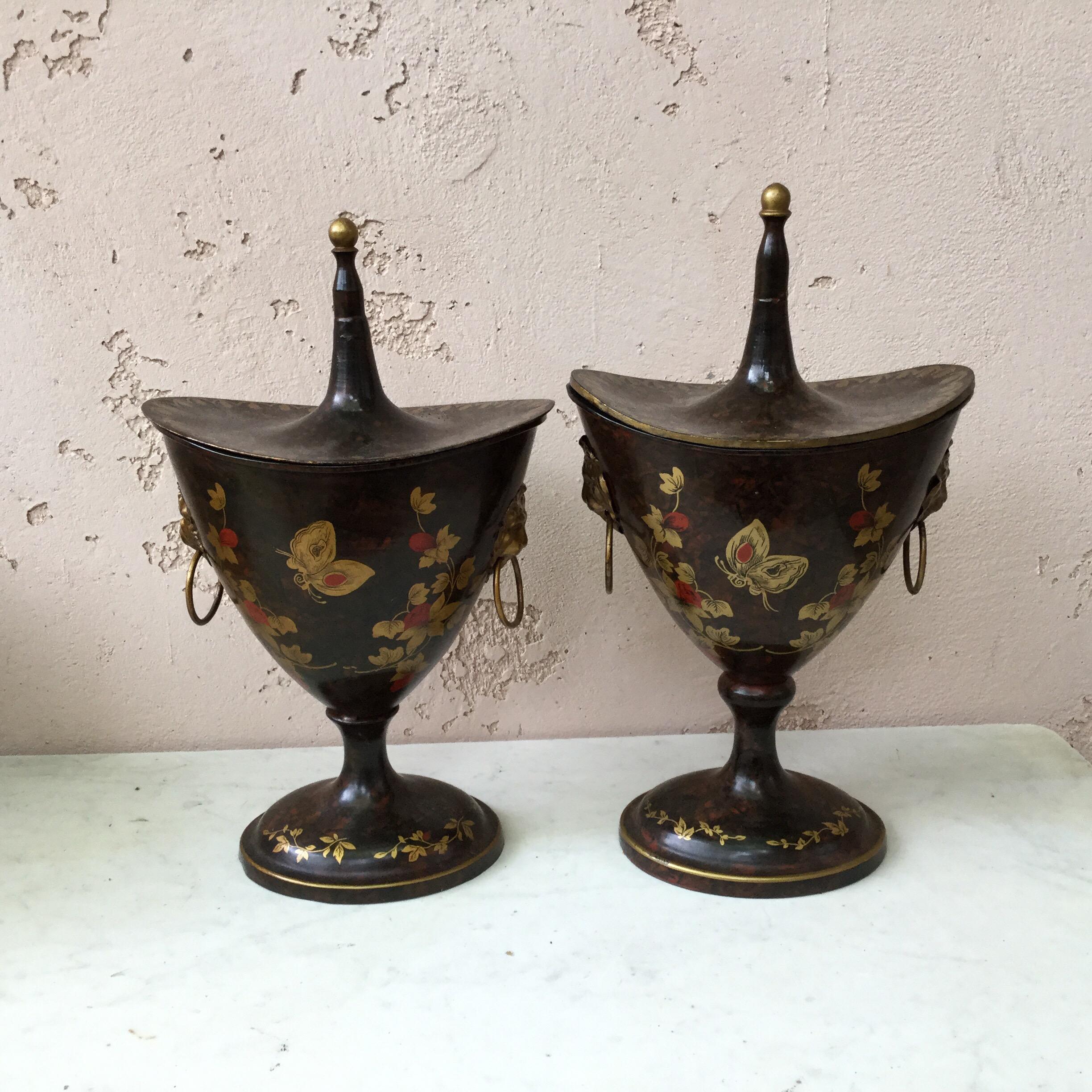 Pair of French Tole Covered Urns Circa 1950 In Good Condition In Austin, TX