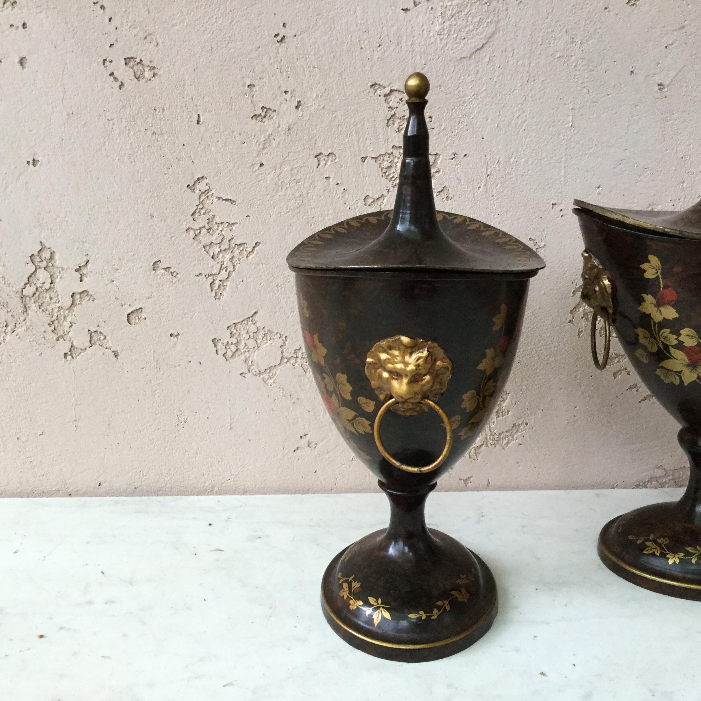 Mid-20th Century Pair of French Tole Covered Urns Circa 1950