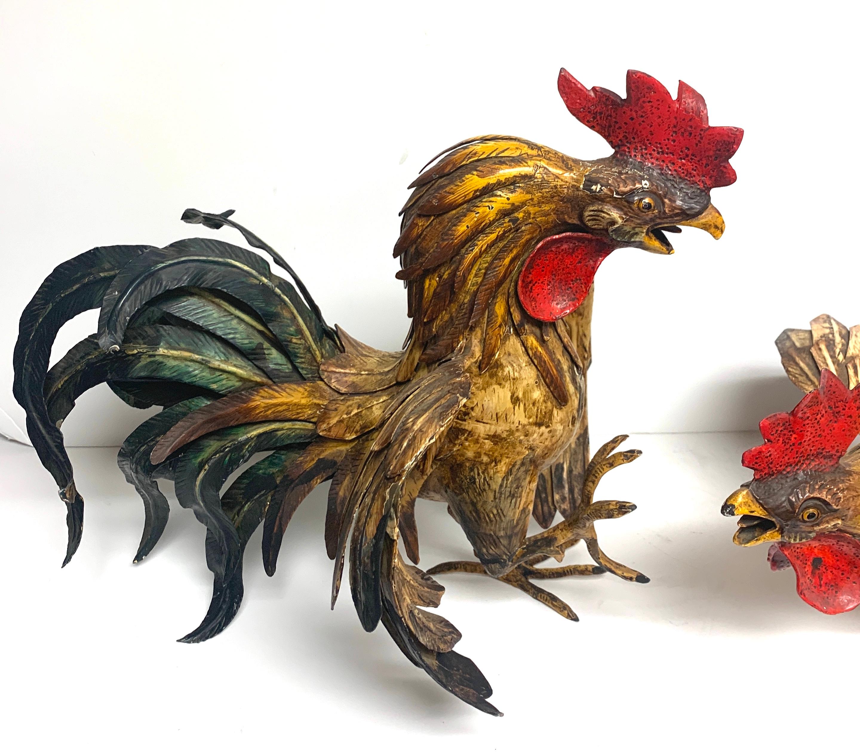 Polychromed Pair of French Tole Fighting Roosters