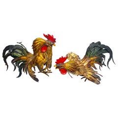 Pair of French Tole Fighting Roosters
