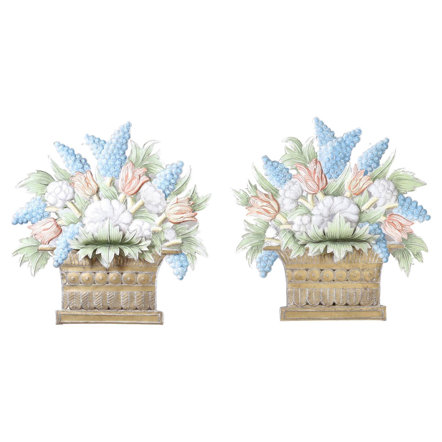 Pair of French Tole Floral Electrified Wall Sconces For Sale