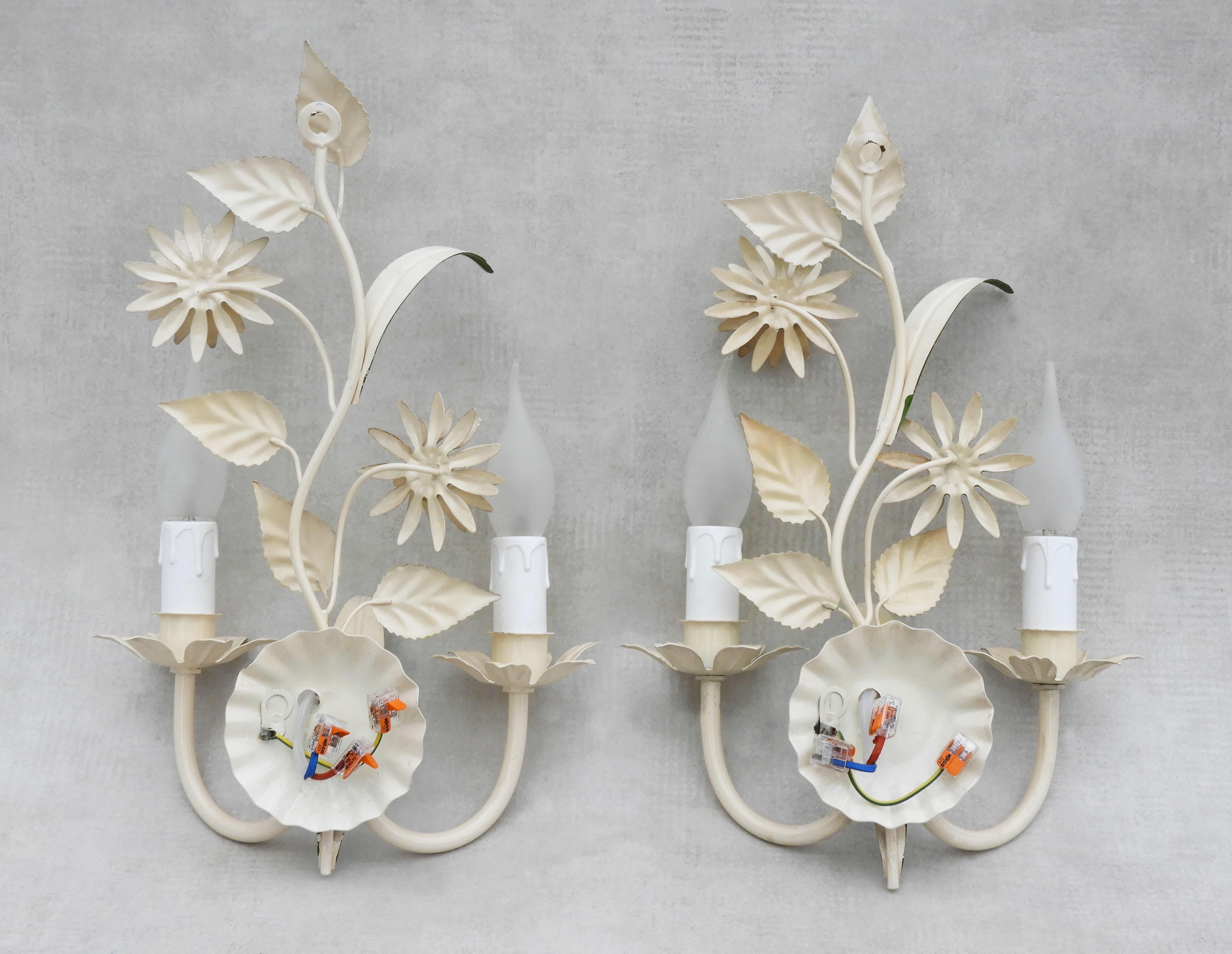 Pair of French Tôle Flower Wall Light Sconces, c1960 2