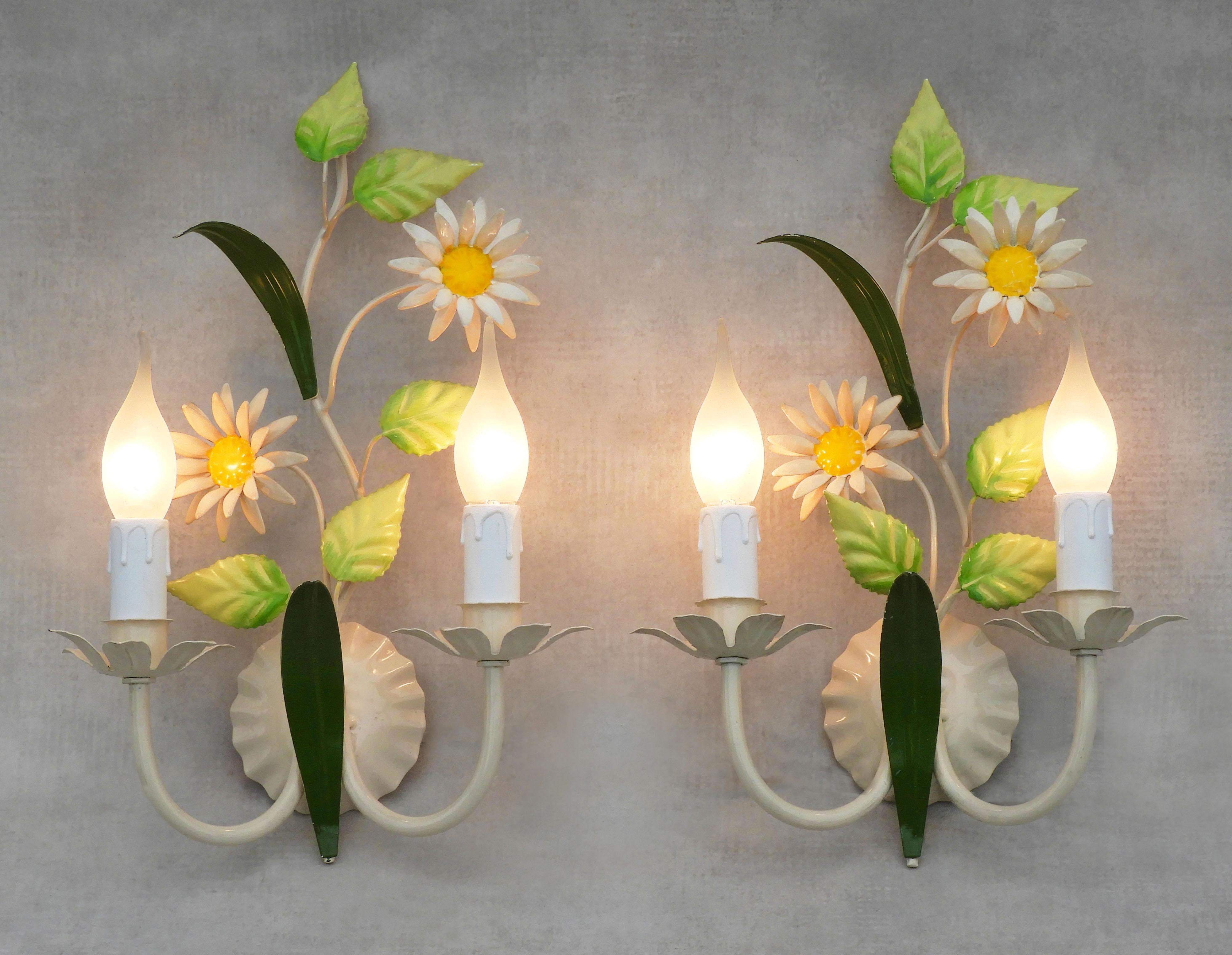 Mid-Century Modern Pair of French Tôle Flower Wall Light Sconces, c1960