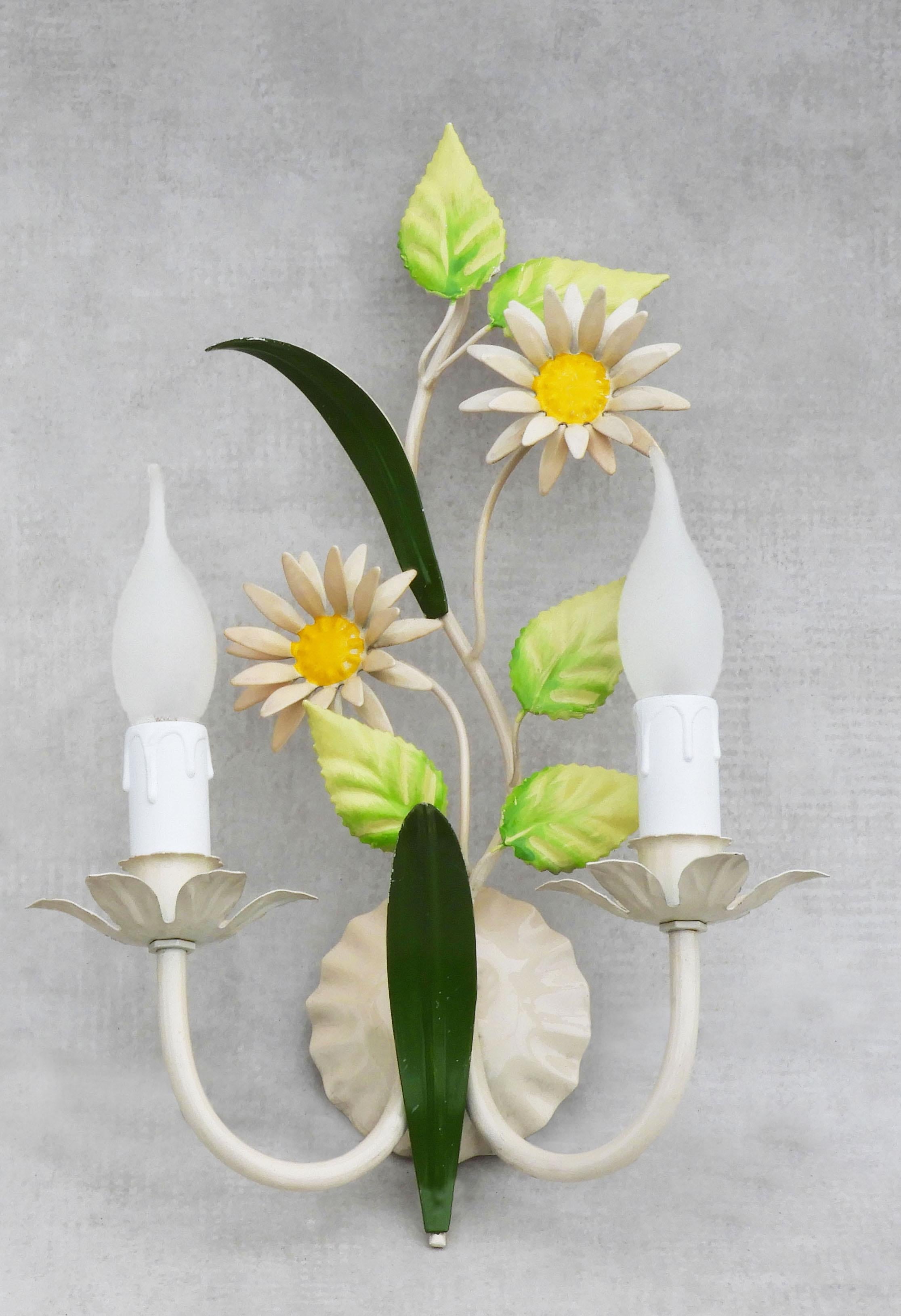Hand-Painted Pair of French Tôle Flower Wall Light Sconces, c1960