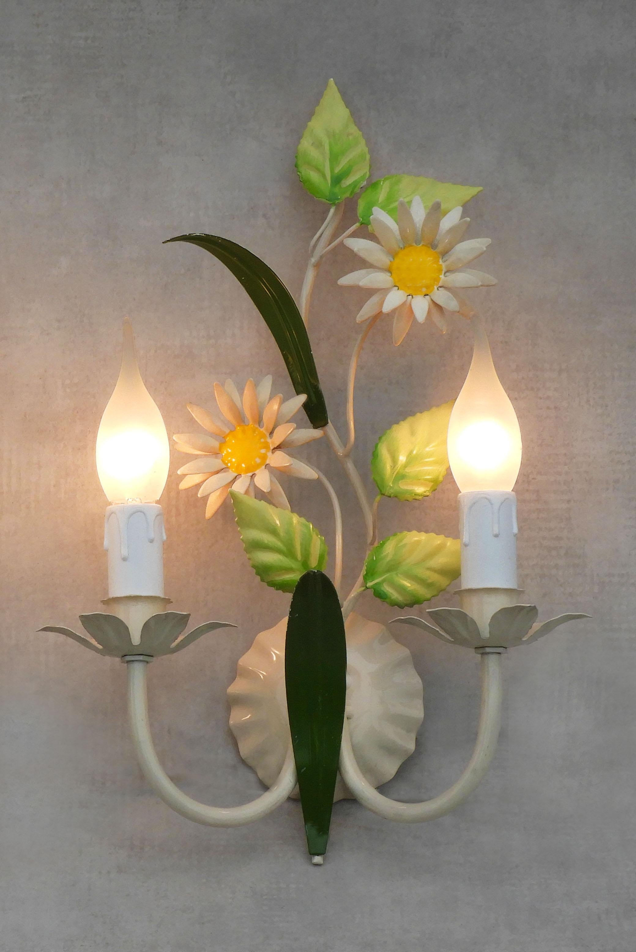 20th Century Pair of French Tôle Flower Wall Light Sconces, c1960