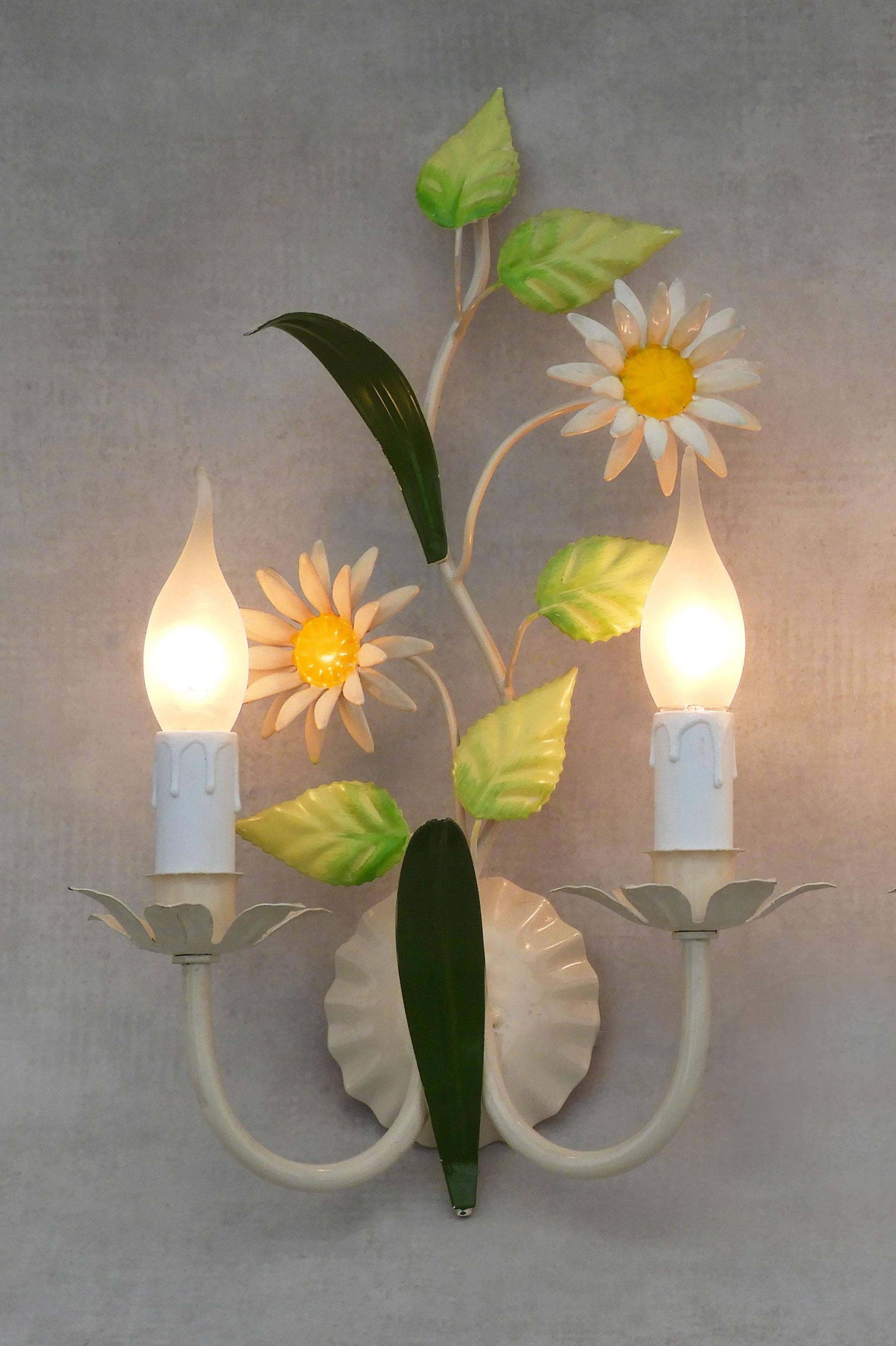 Metal Pair of French Tôle Flower Wall Light Sconces, c1960