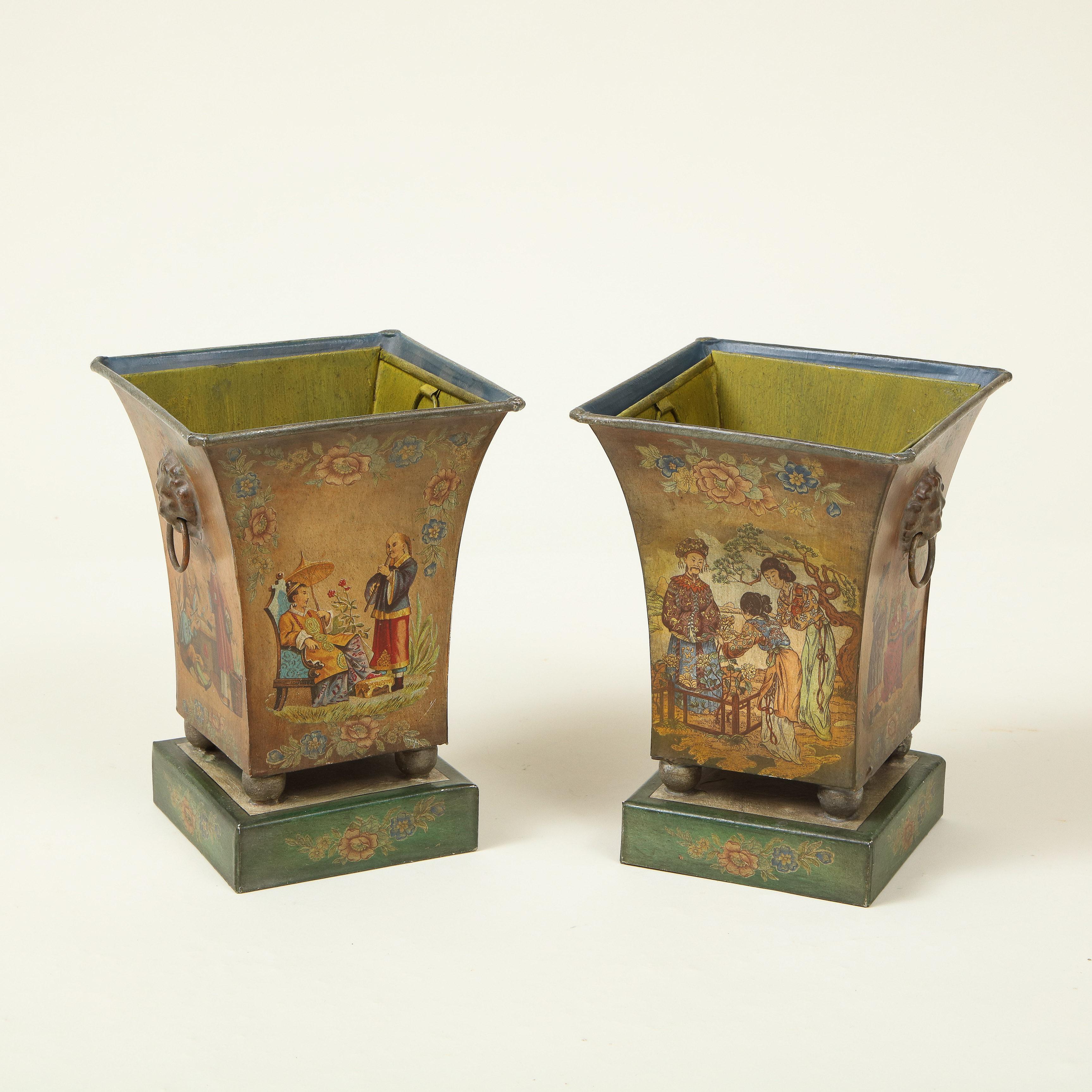 Hand-Painted Pair of French Tôle Peinte Chinoiserie Cache Pots