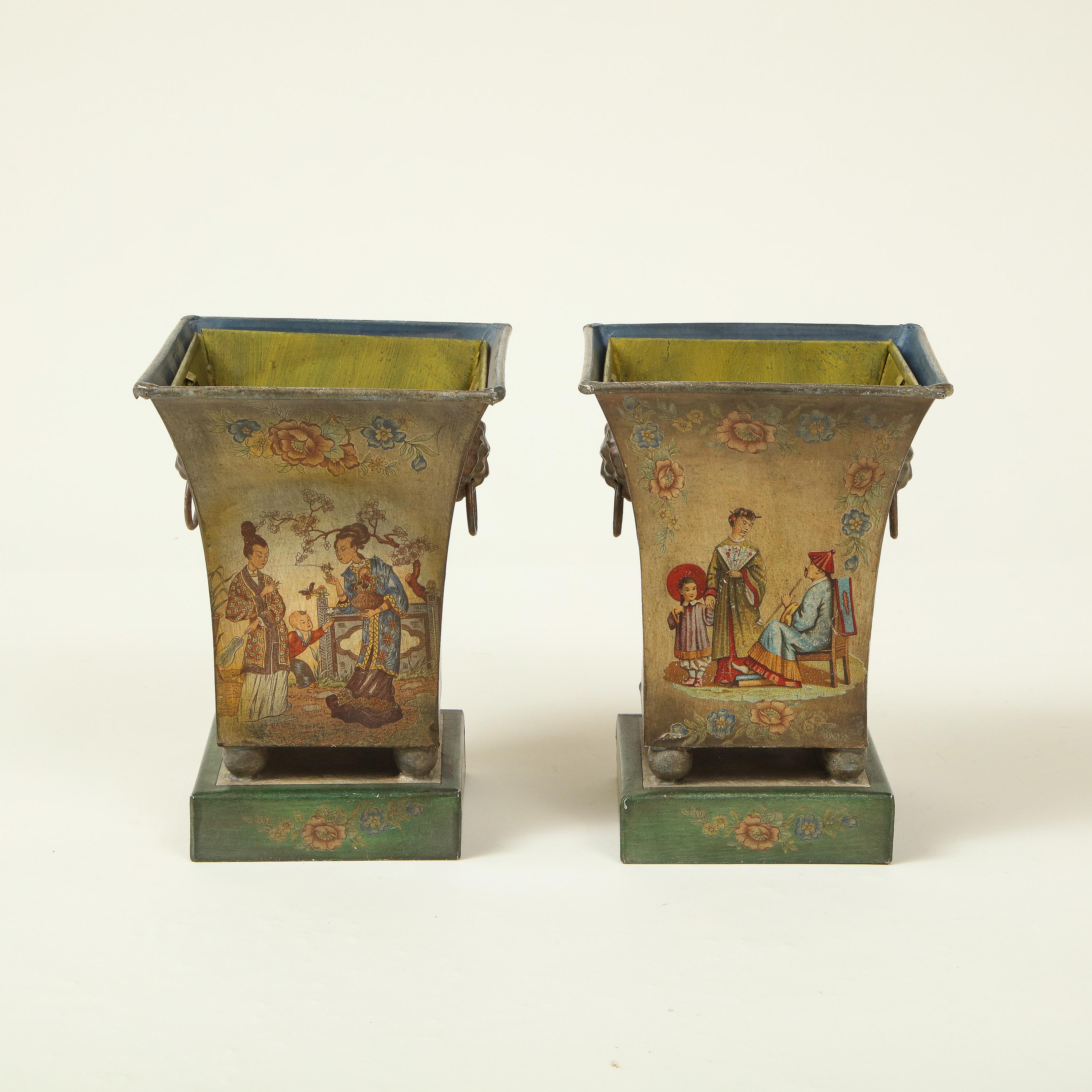 Metal Pair of French Tôle Peinte Chinoiserie Cache Pots