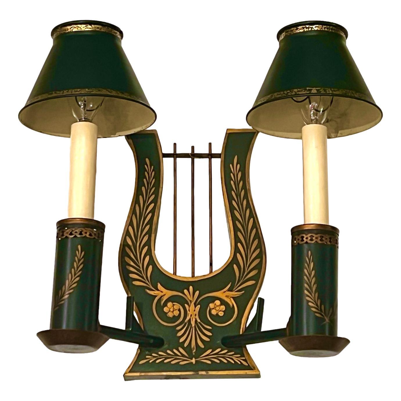 Hand-Painted Pair of French Tole Sconces For Sale