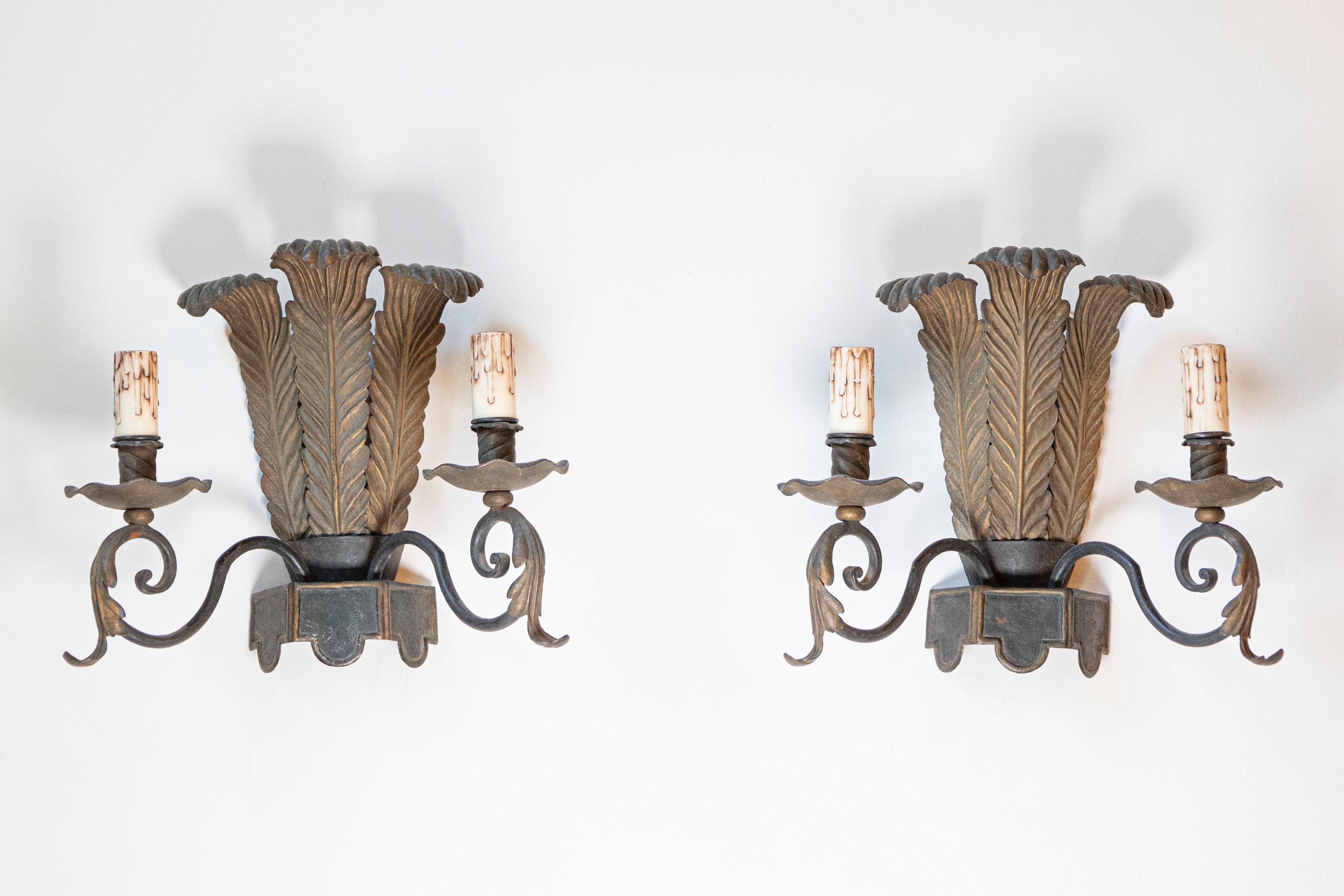 Paire d'appliques à deux lumières en tôle de style Louis XVI avec des motifs de plumes d'autruche de la fin du 19ème siècle. Cette paire d'appliques françaises présente un groupe exquis de plumes d'autruche, flanqué de deux bras à volutes. Chaque