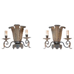 Antique Pair of French Tôle Two-Light Sconces with Ostrich Plume Motifs, circa 1890