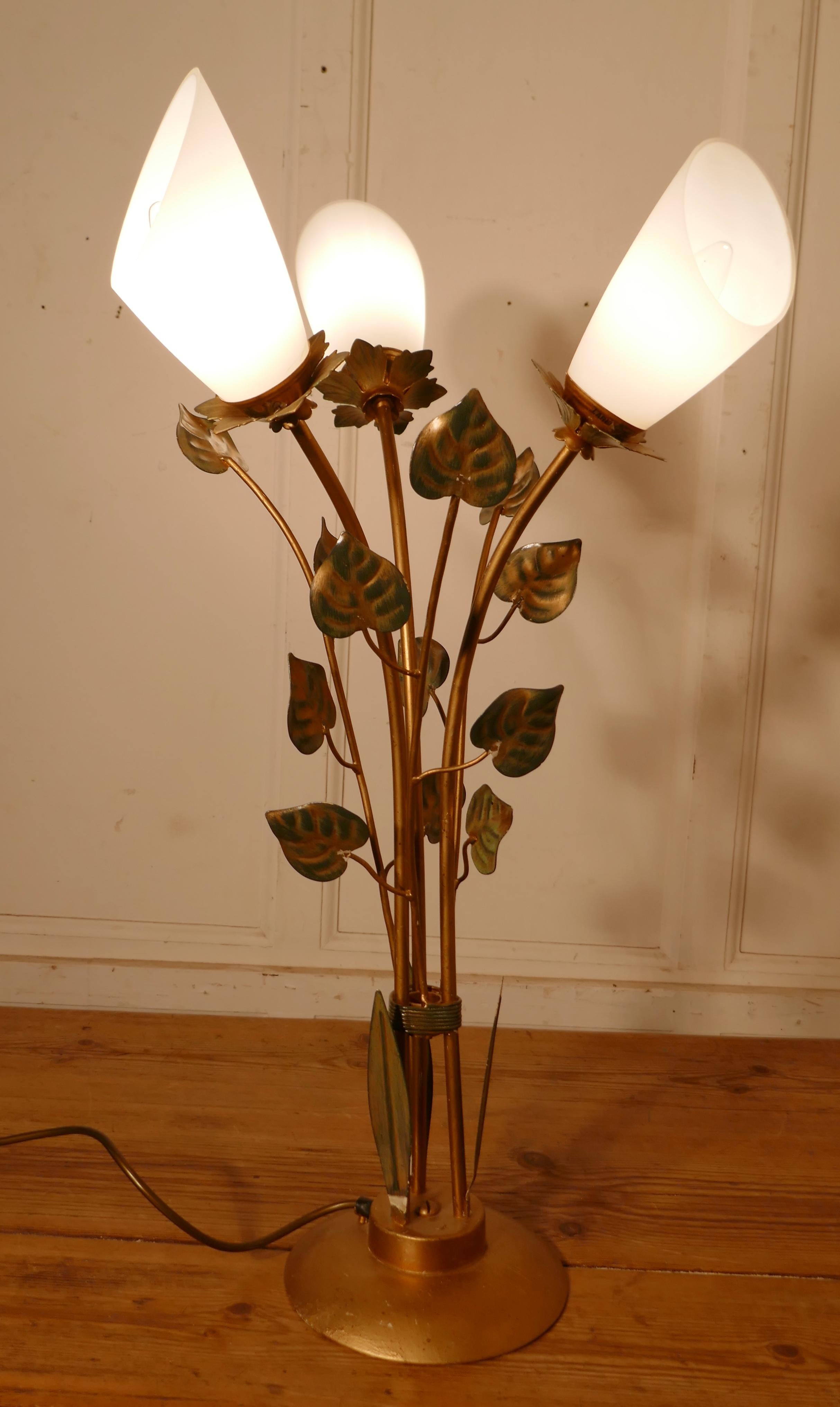 Pair of French Toleware Lamps with Leaves in the Orangery Style, Floor and Table For Sale 1