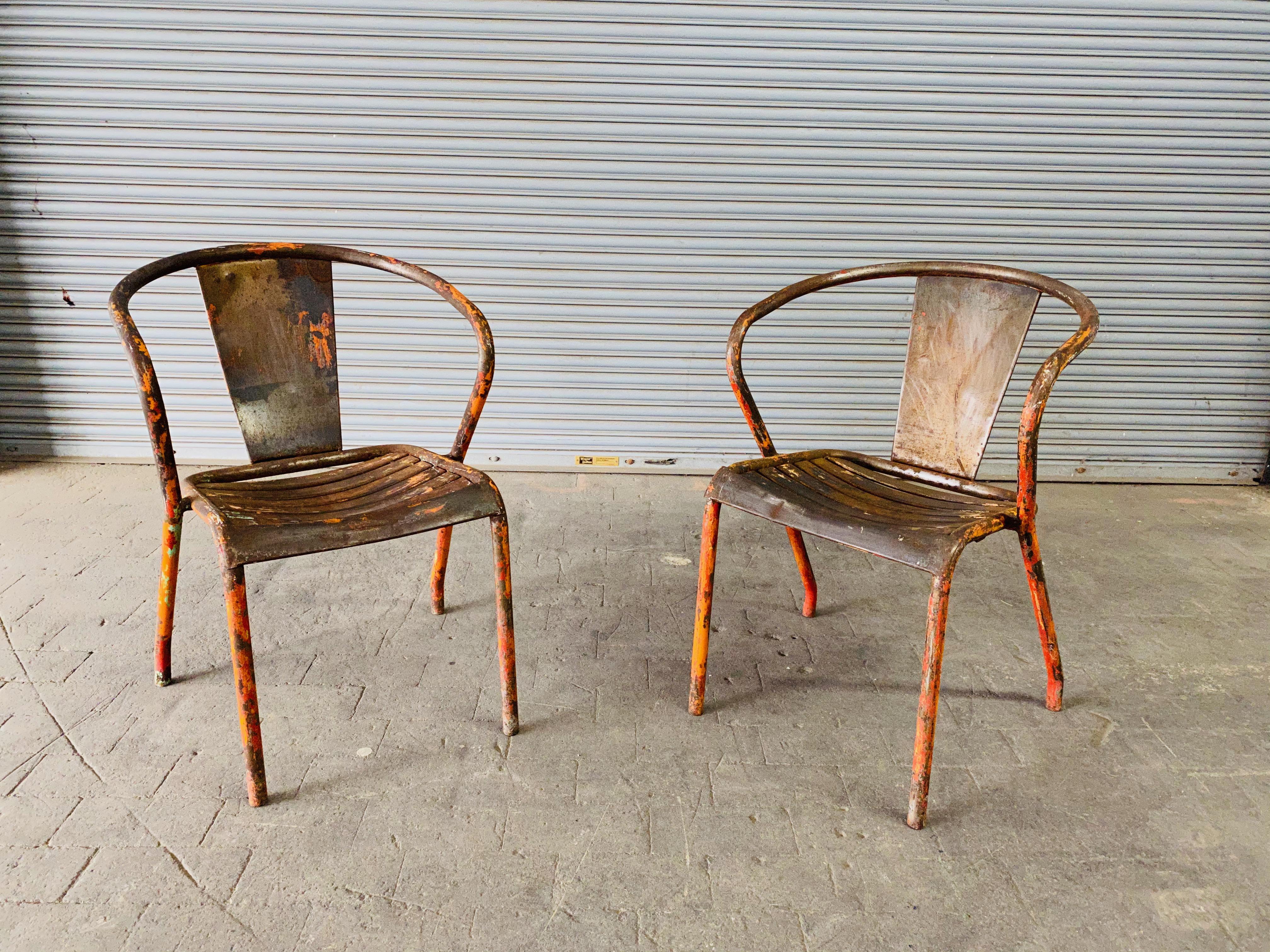Pair of French Tolix Industrial Chairs with Distressed Orange Paint Finish 9