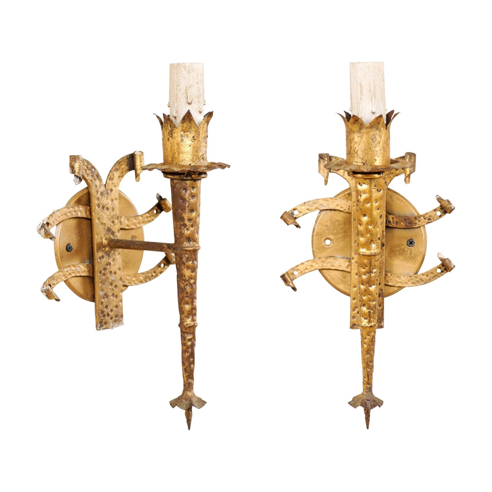 Pair of French Torch-Style Hammered Iron Sconces in Gold Tone For Sale