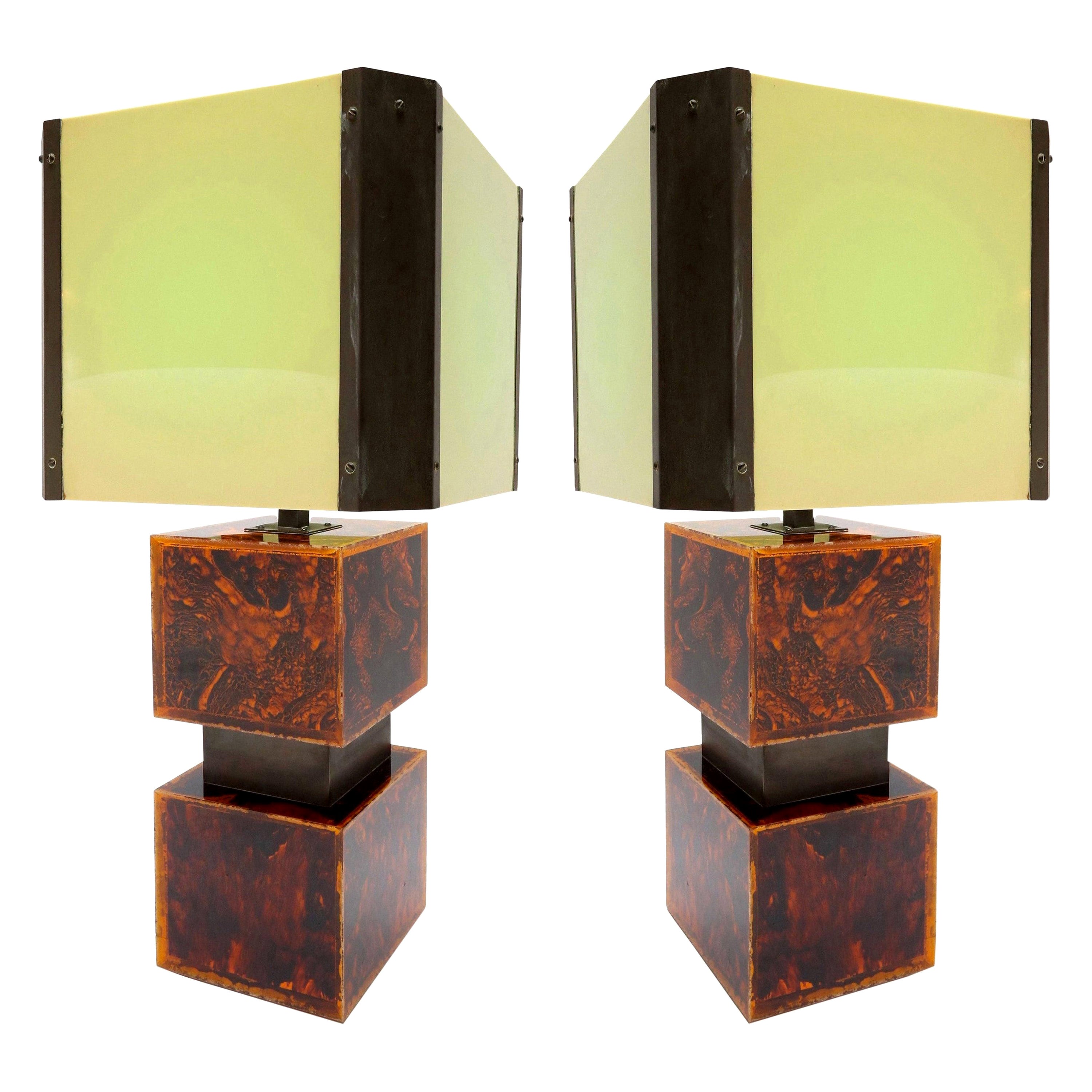 Pair of French Tortoise Shell Pattern Acrylic Table Lamps, 1970s