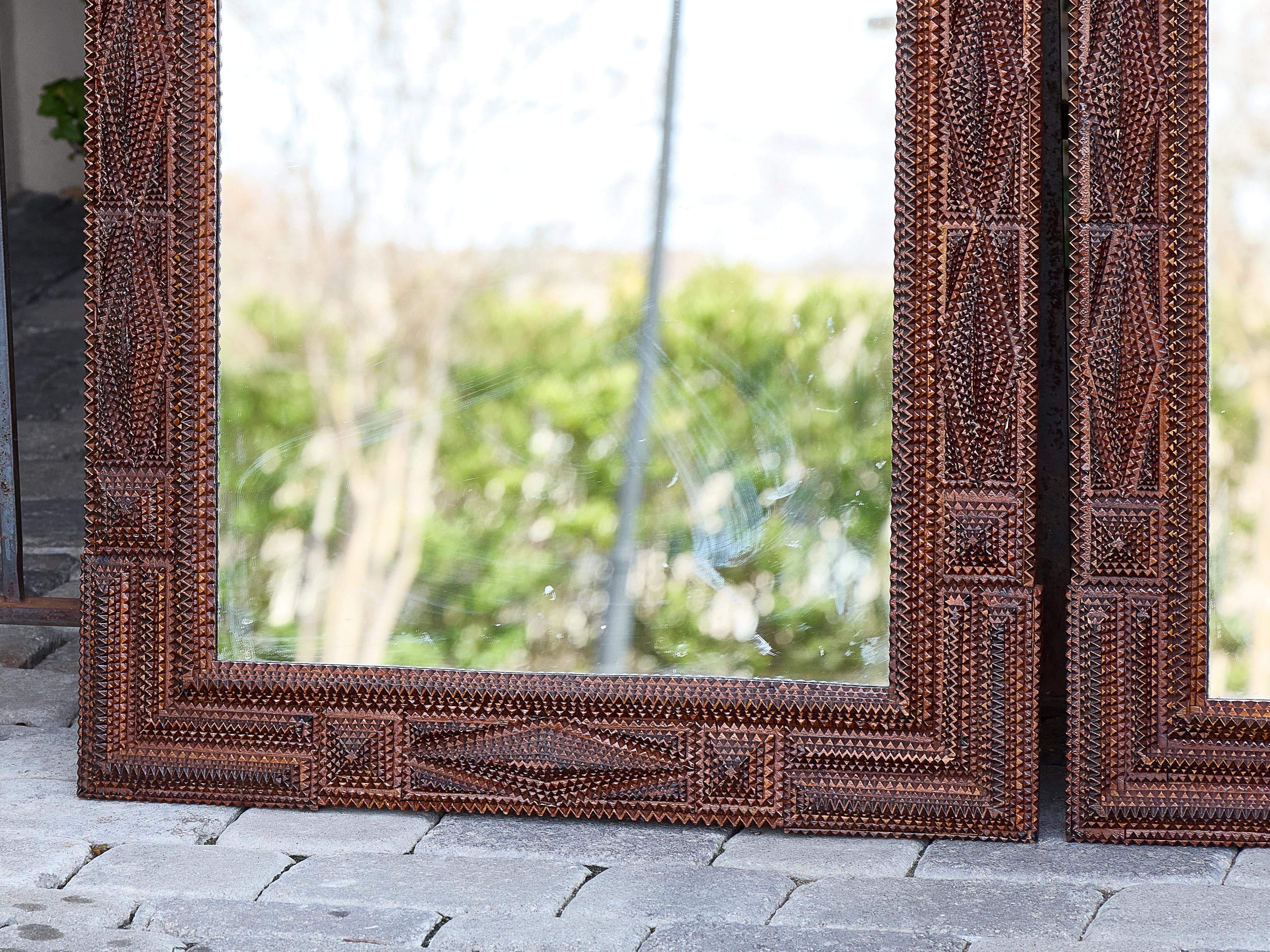 Pair of French Tramp Art Mirrors with Geometric Carved Frames, circa 1900 5