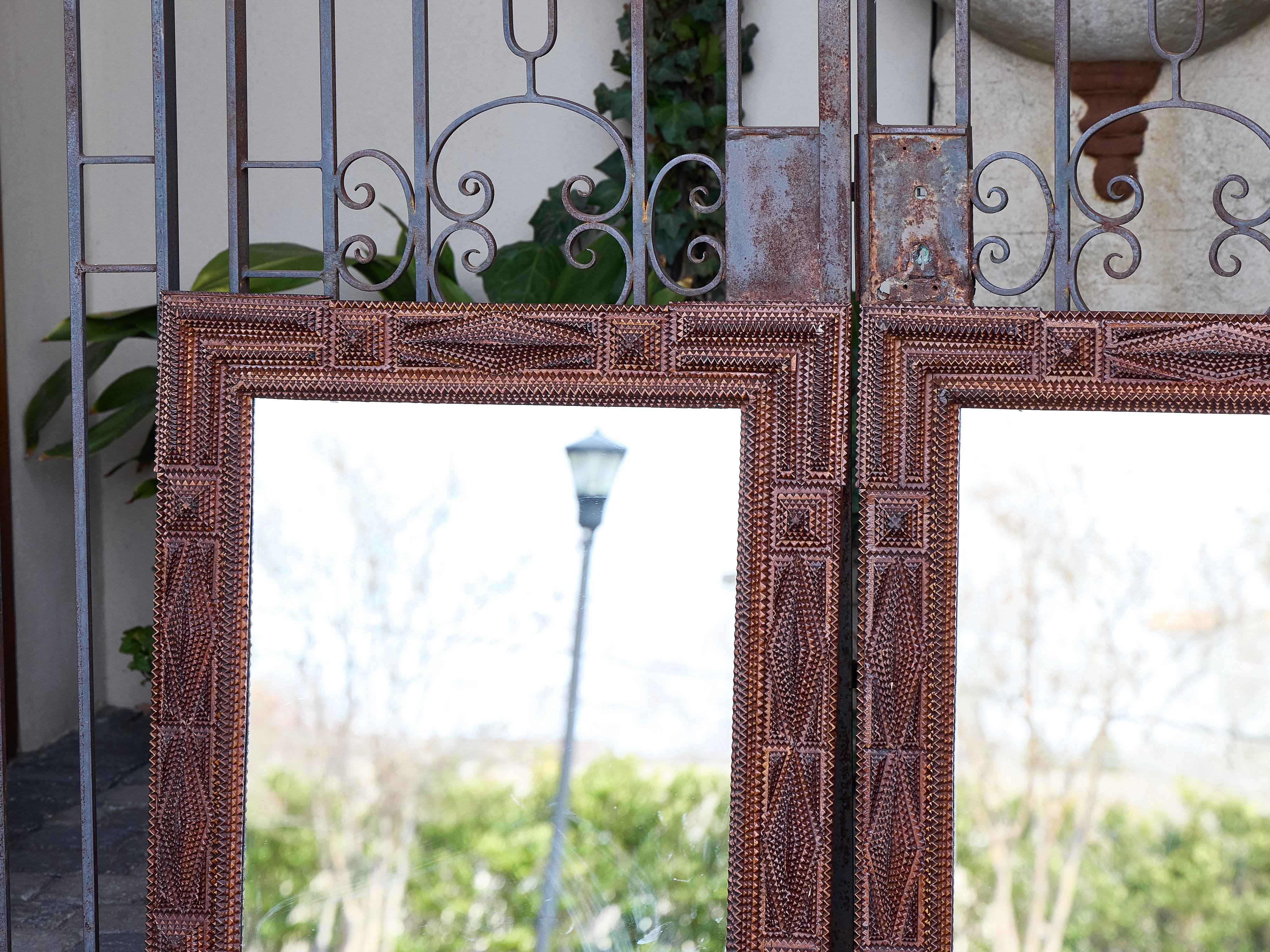 Pair of French Tramp Art Mirrors with Geometric Carved Frames, circa 1900 6