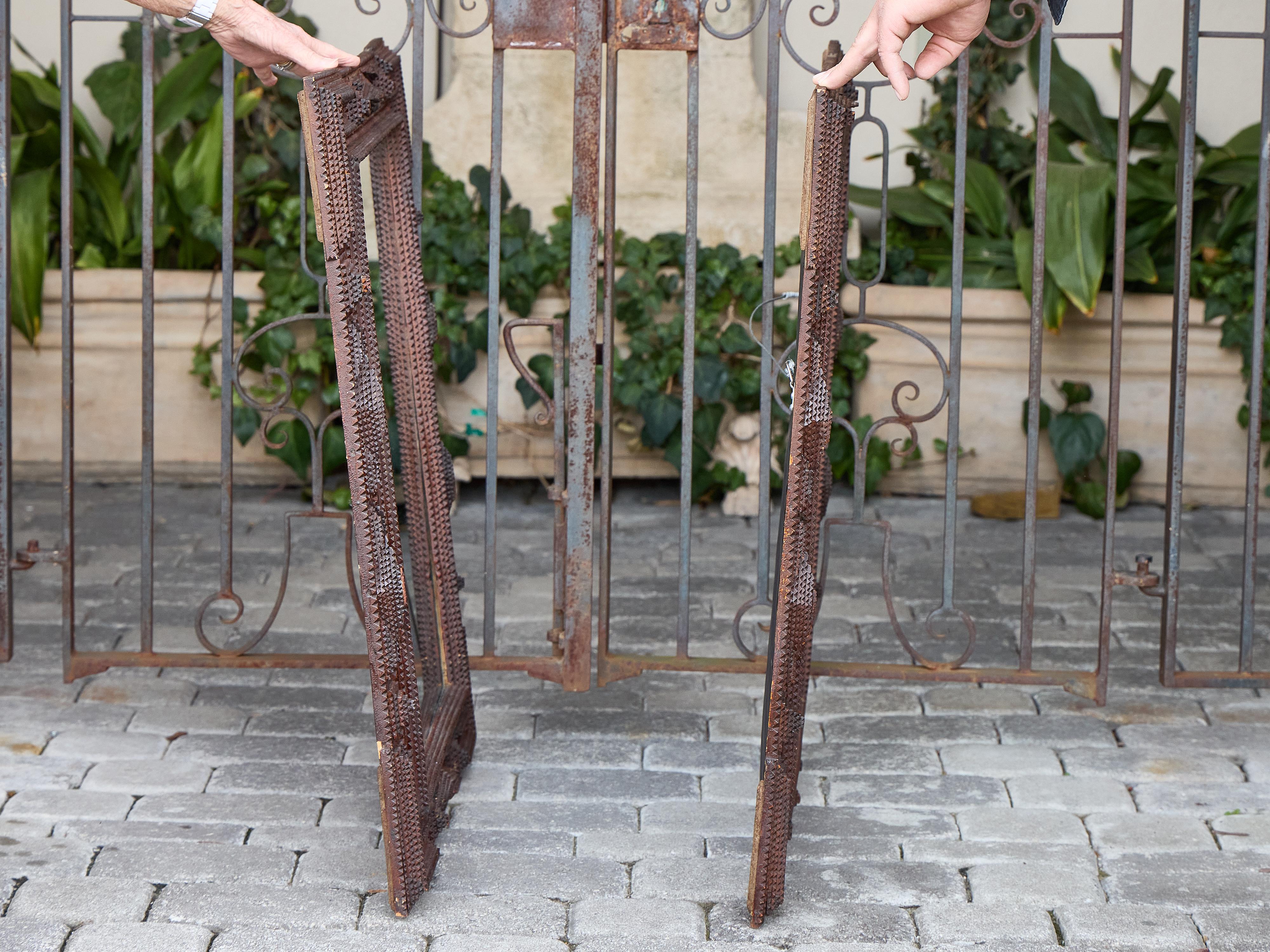 Pair of French Tramp Art Mirrors with Geometric Carved Frames, circa 1900 8