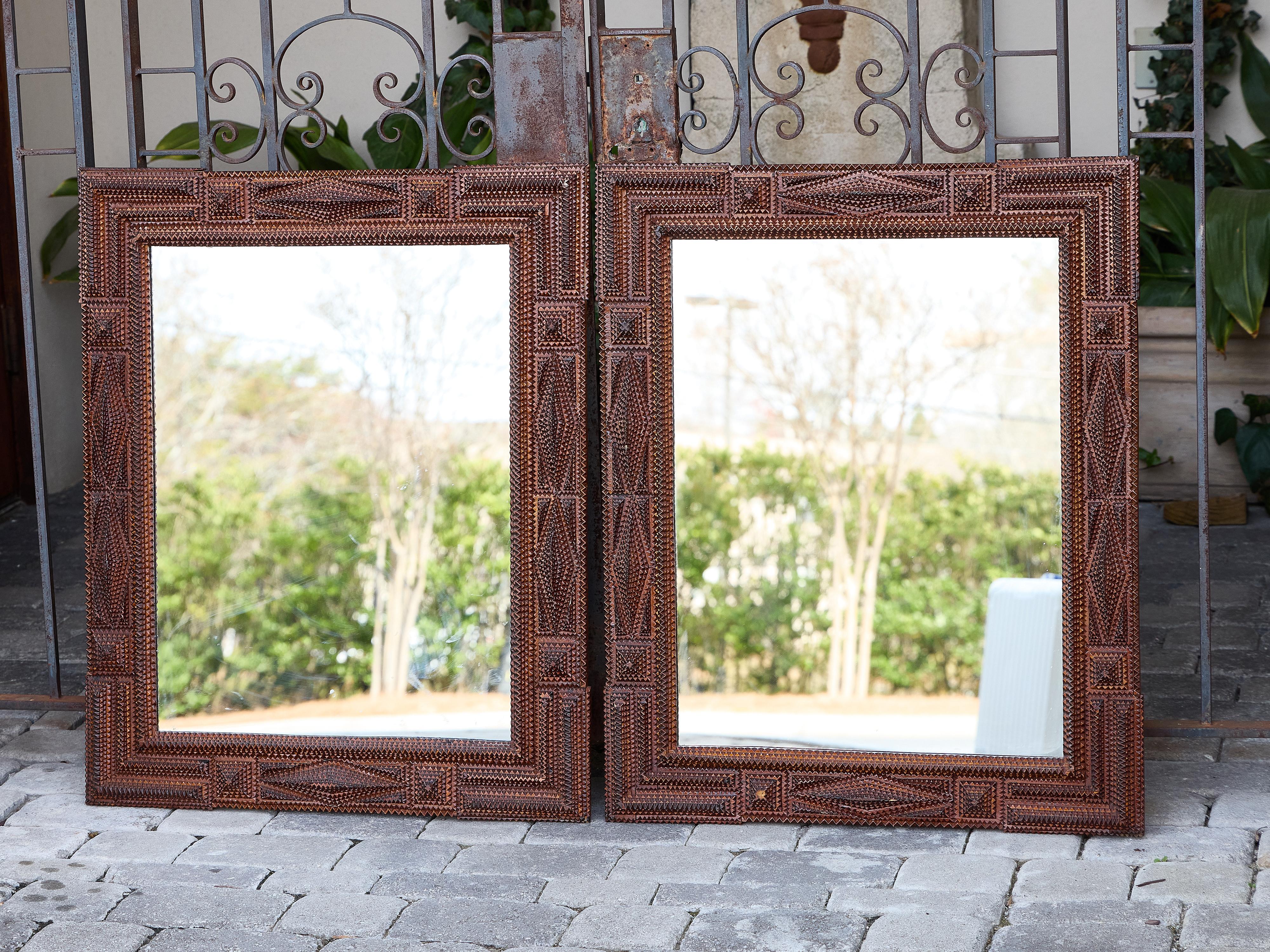 Folk Art Pair of French Tramp Art Mirrors with Geometric Carved Frames, circa 1900