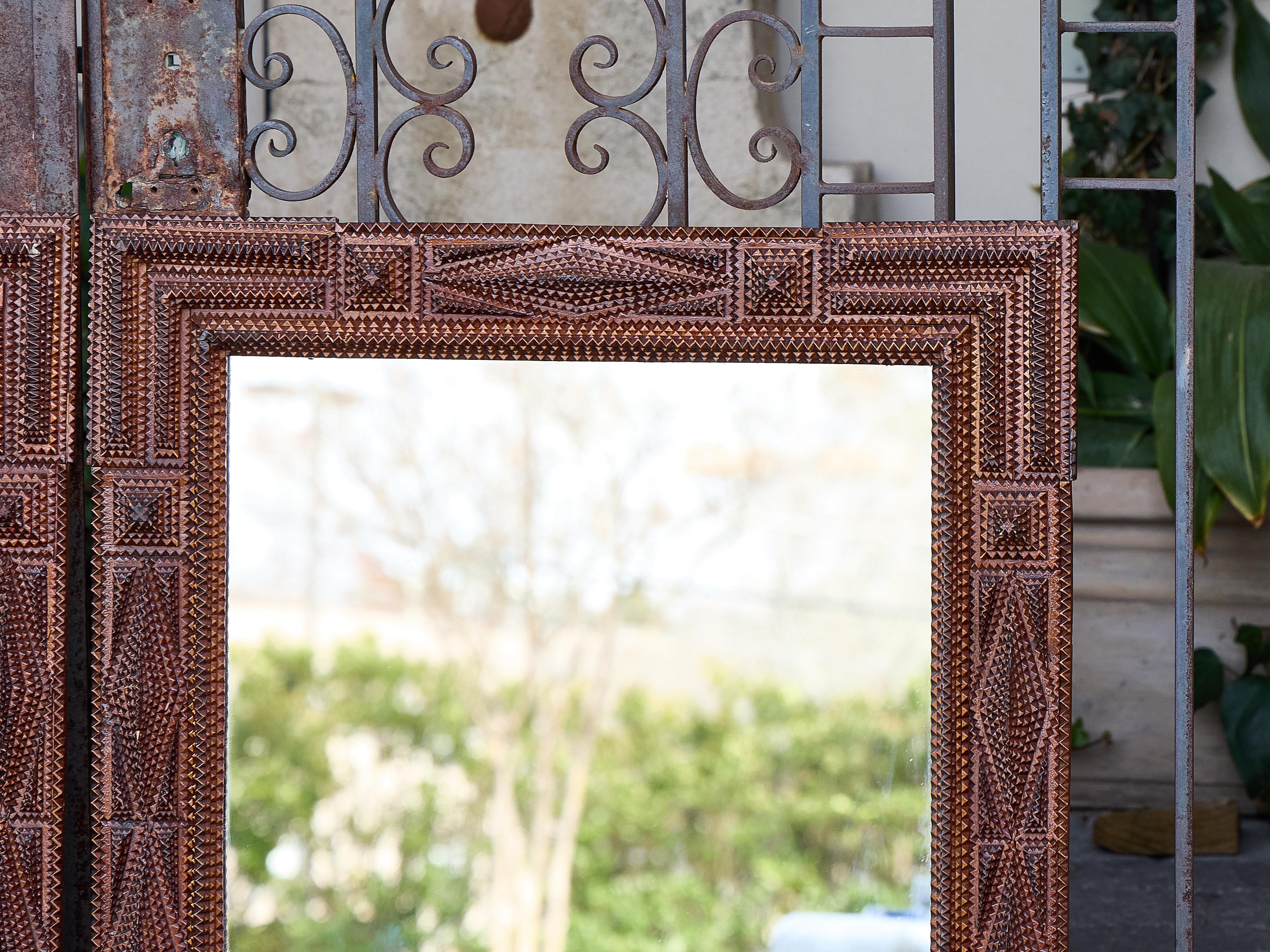 Hand-Carved Pair of French Tramp Art Mirrors with Geometric Carved Frames, circa 1900