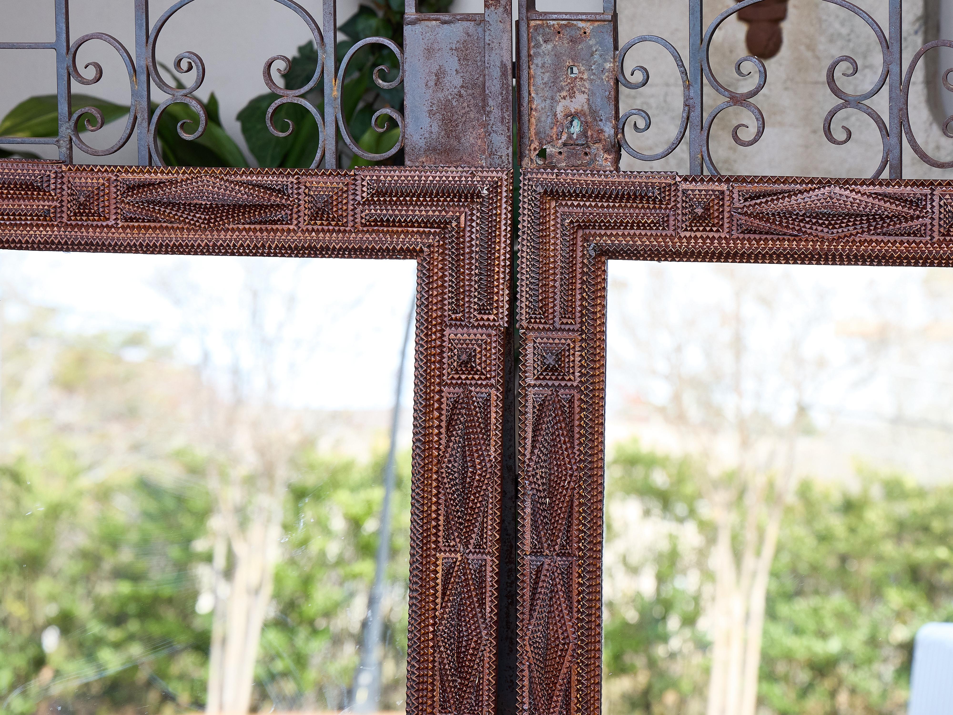 Pair of French Tramp Art Mirrors with Geometric Carved Frames, circa 1900 In Good Condition In Atlanta, GA