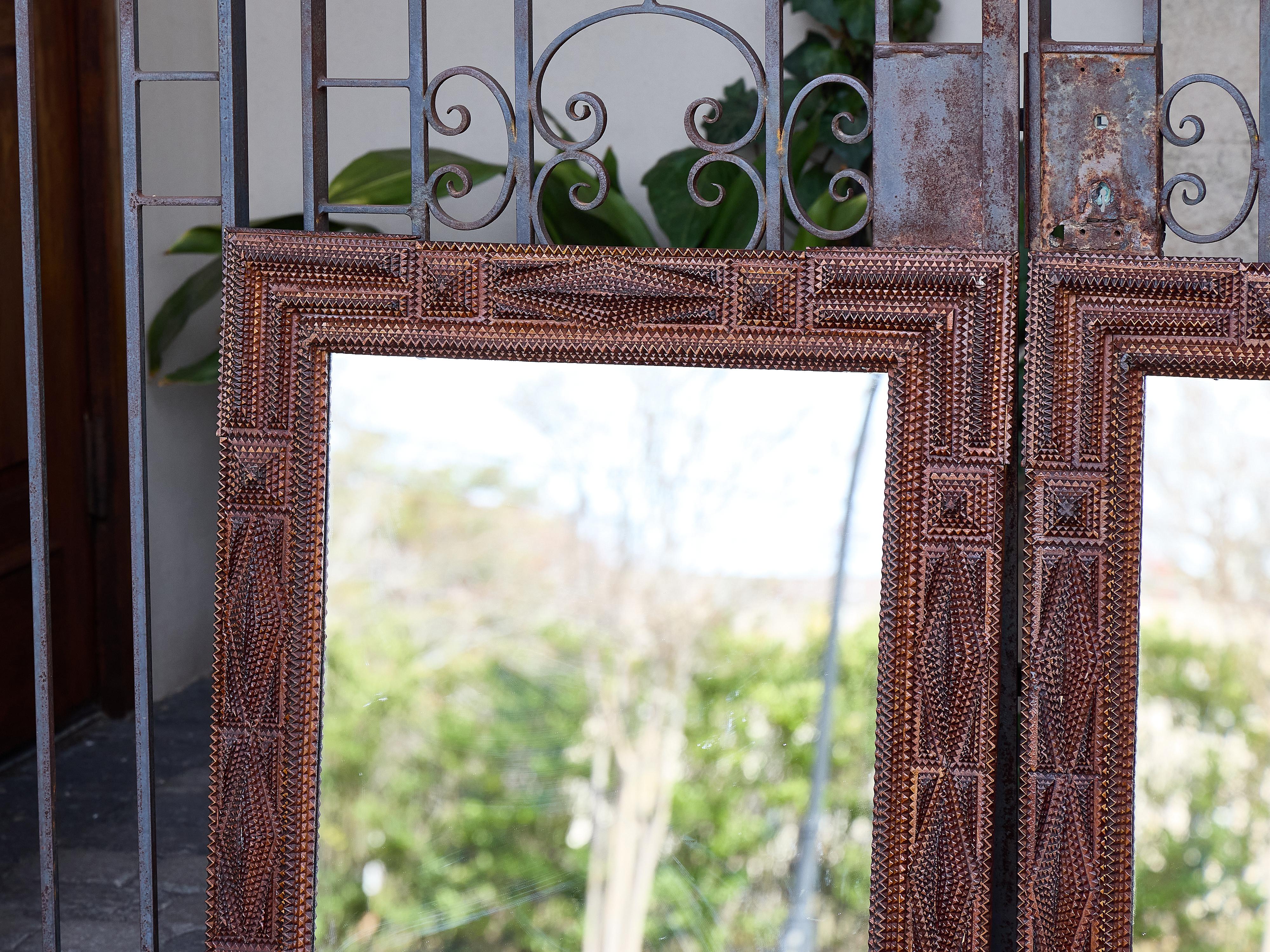20th Century Pair of French Tramp Art Mirrors with Geometric Carved Frames, circa 1900