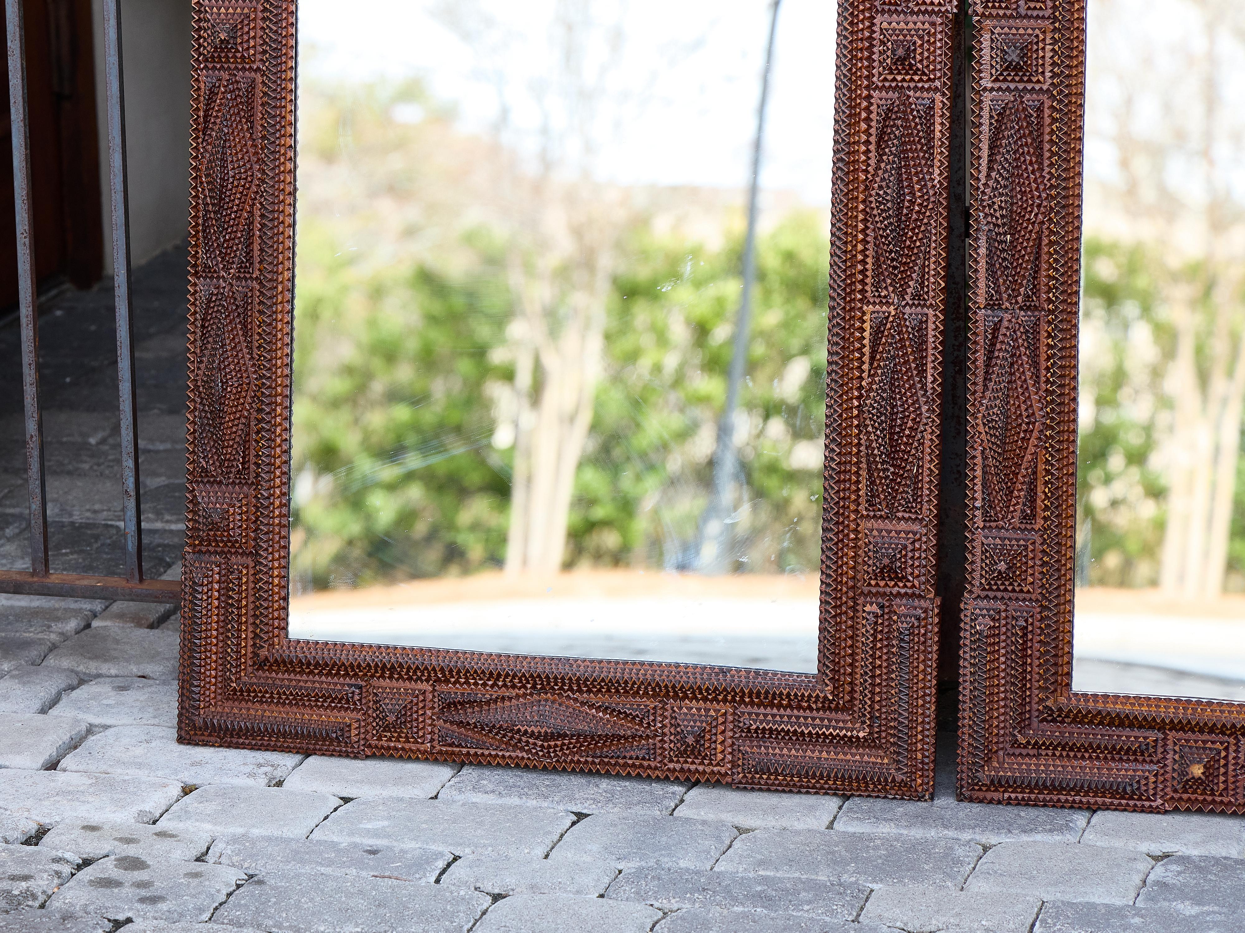 Pair of French Tramp Art Mirrors with Geometric Carved Frames, circa 1900 1