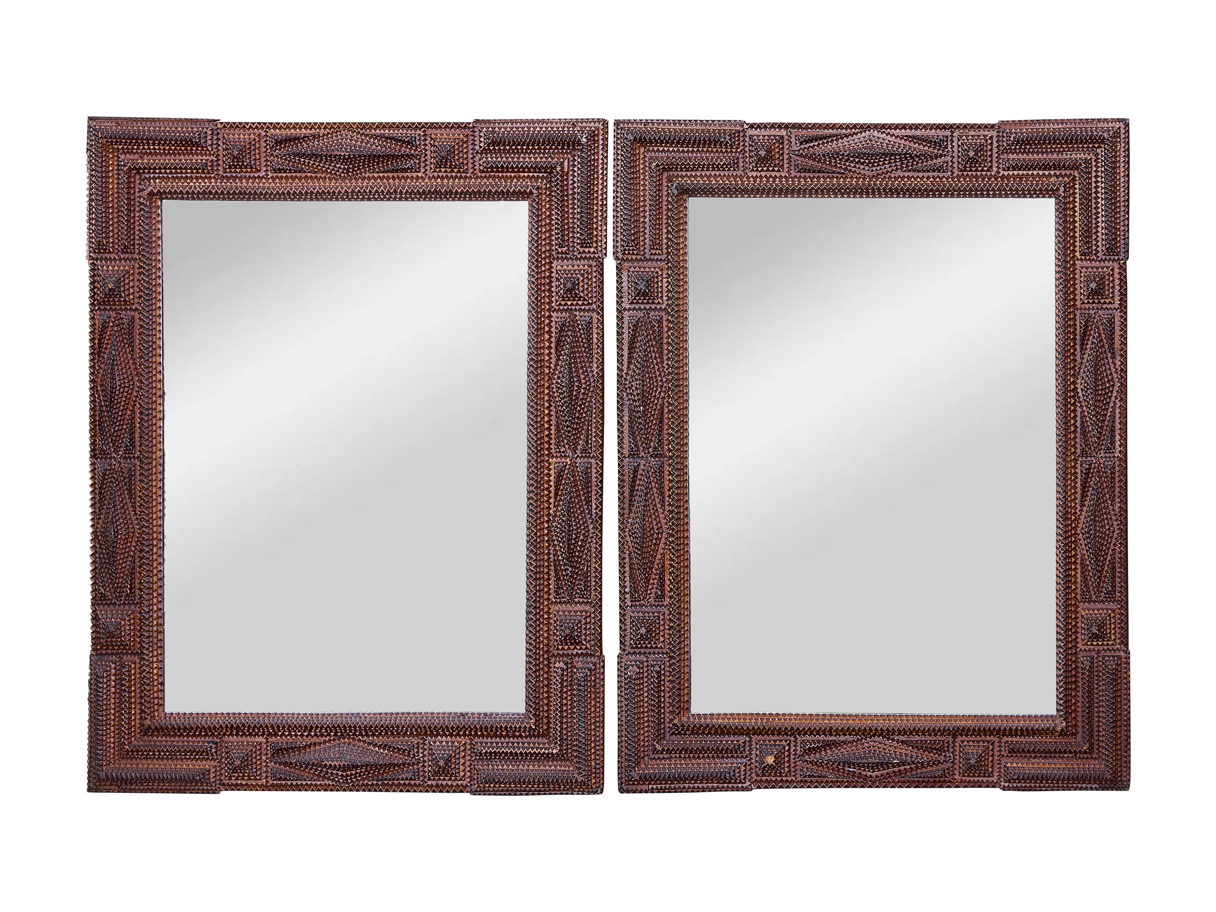 Pair of French Tramp Art Mirrors with Geometric Carved Frames, circa 1900 2