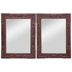 Pair of French Tramp Art Mirrors with Geometric Carved Frames, circa 1900