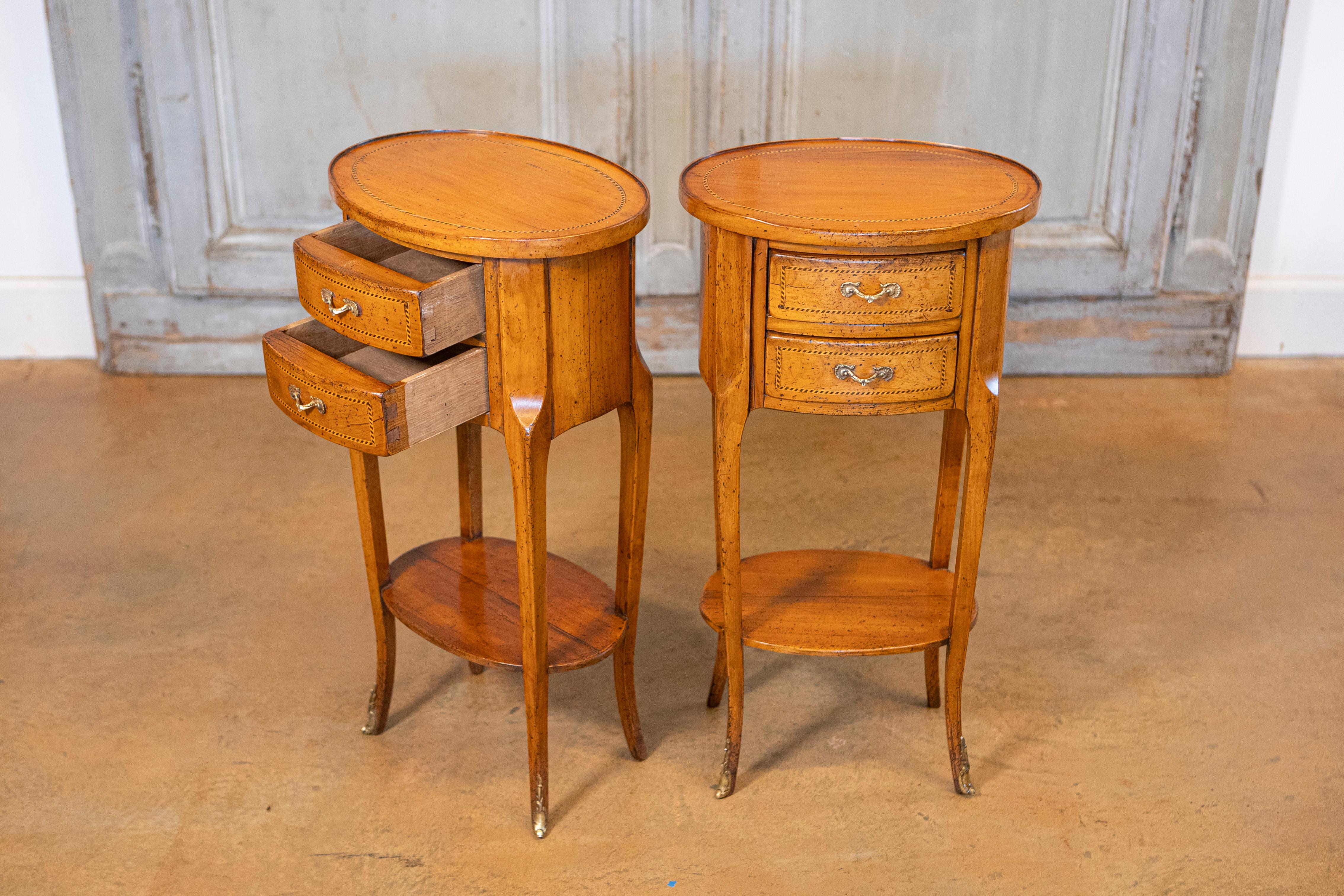 Louis XVI Pair of French Transition Style Oval-Shaped Fruitwood Bedside Tables with Inlay For Sale