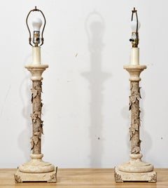 Pair of French Travertine Marble and Painted Spiraling Ivy Garland Column Lamps