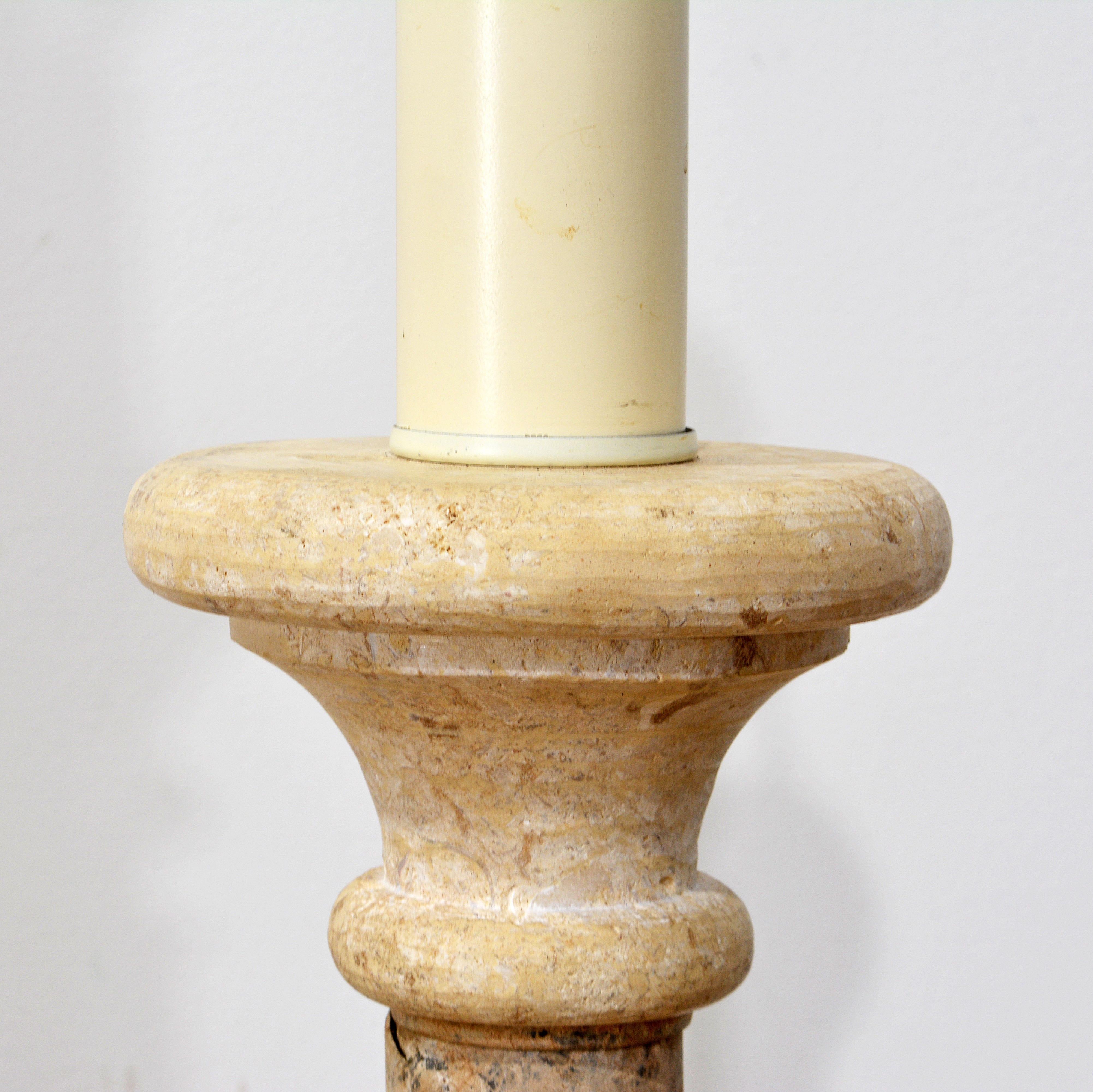 Metal Pair of French Travertine Marble and Painted Spiraling Ivy Garland Column Lamps For Sale