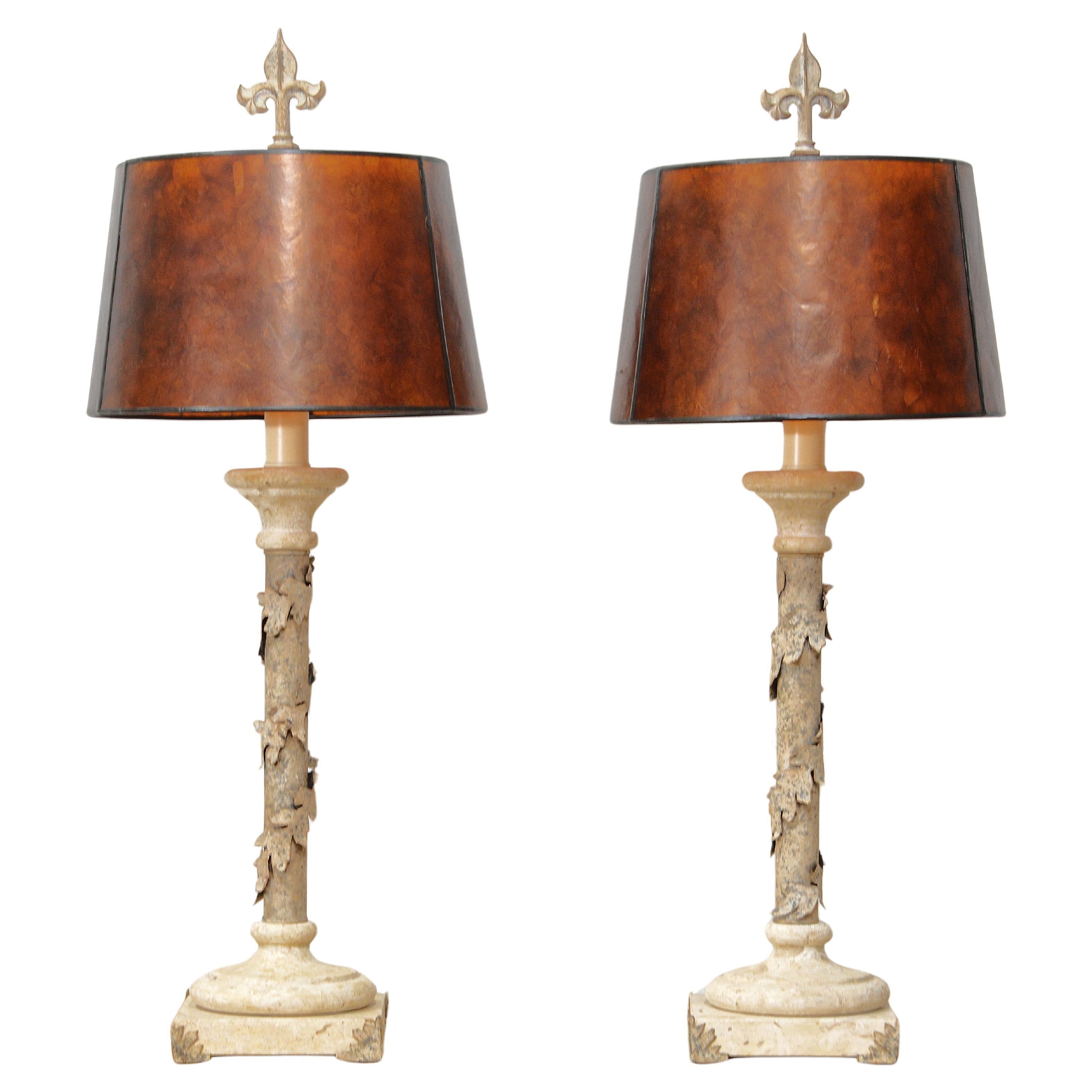 Pair of French Travertine Marble and Painted Spiraling Ivy Garland Column Lamps