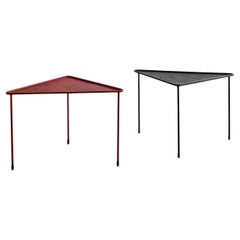 Pair of French Triangle Mid Century Black 
Red Metal Tables by Mathieu Matégot