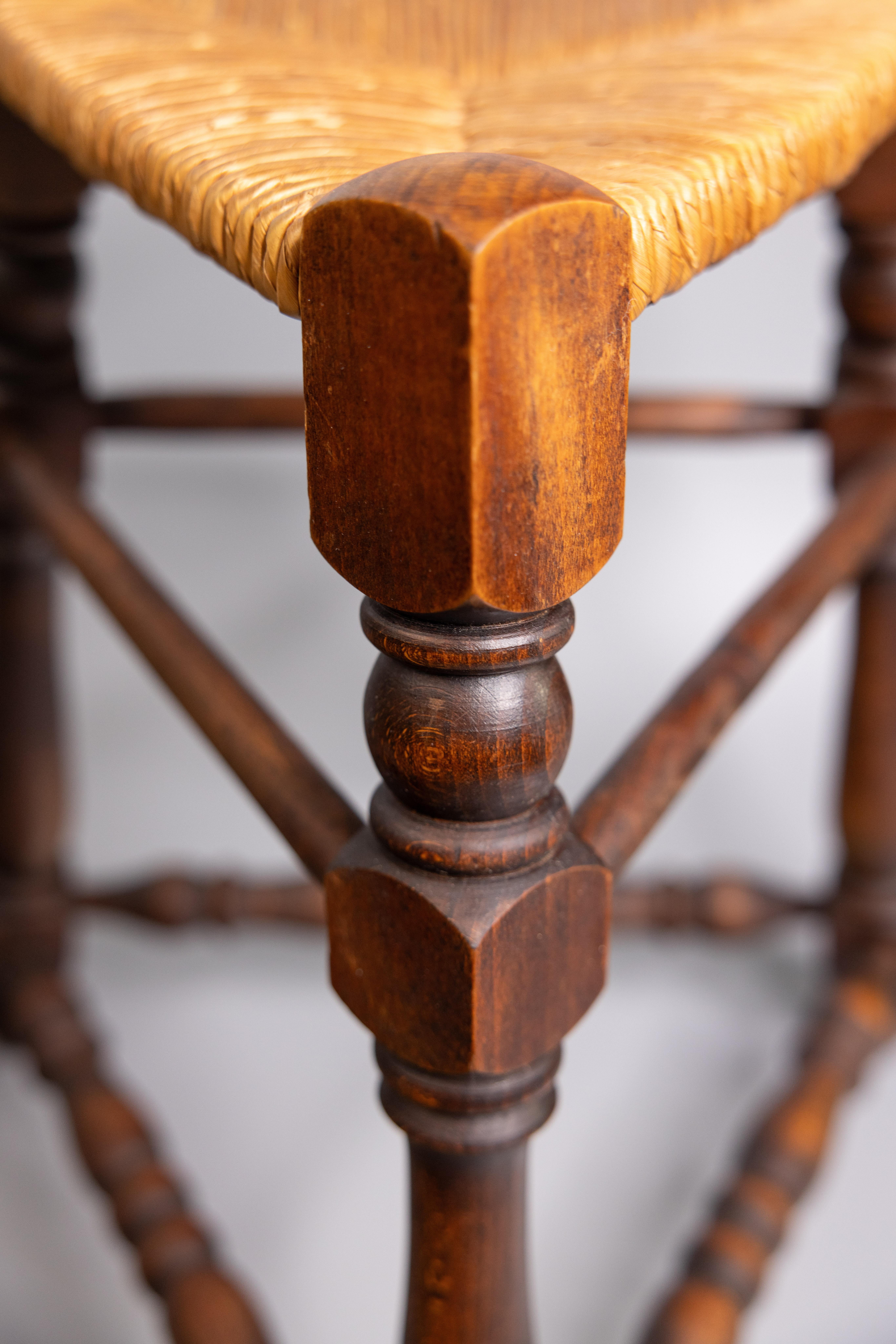 Pair of French Triangular Oak Tripod Stools With Woven Rush Seats, Circa 1900 For Sale 2