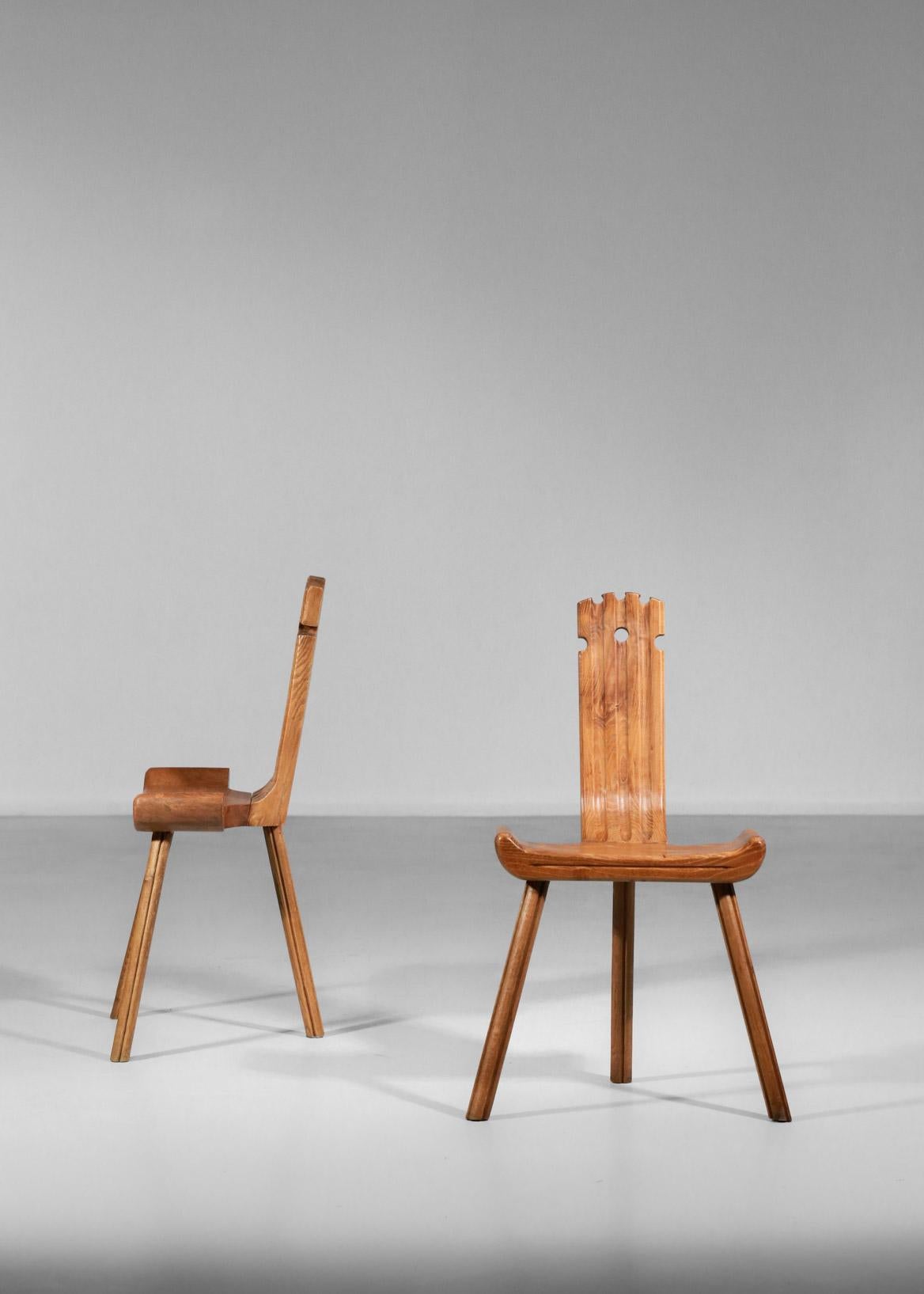 Hand-Crafted French Tripod Chairs from the 1960s Oak Rustic Style of Charlotte Perriand, Pair