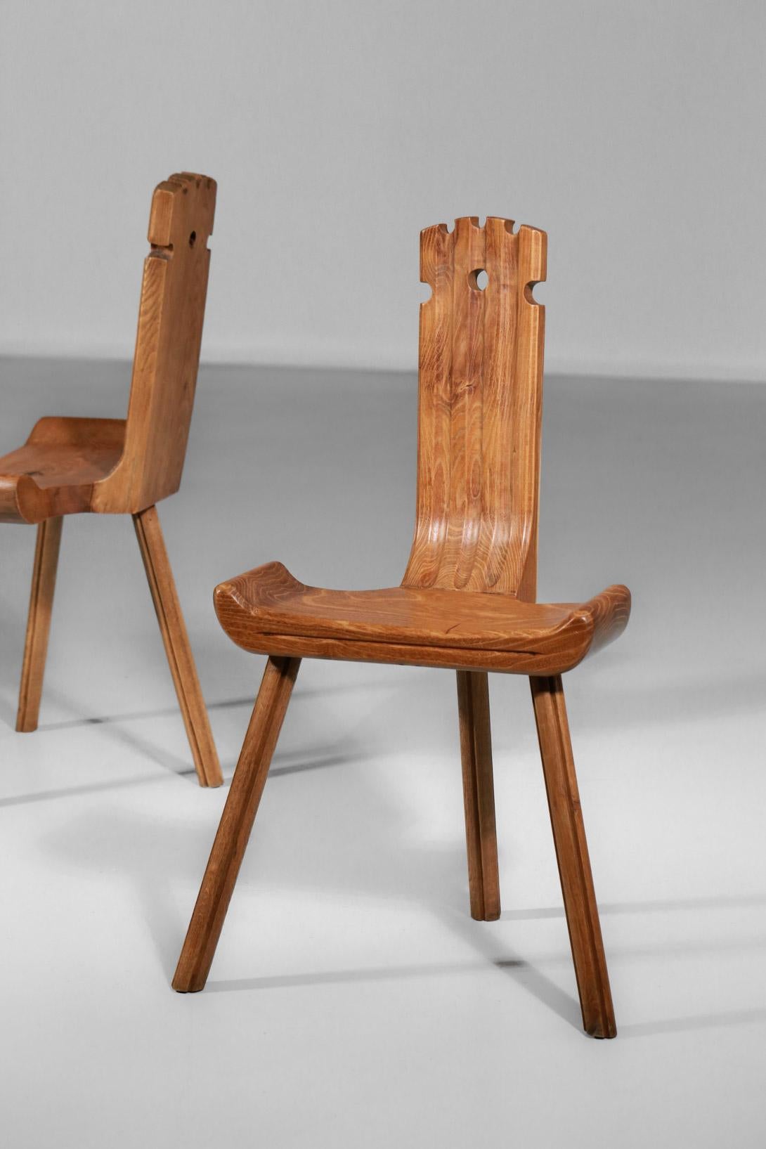 Mid-20th Century French Tripod Chairs from the 1960s Oak Rustic Style of Charlotte Perriand, Pair