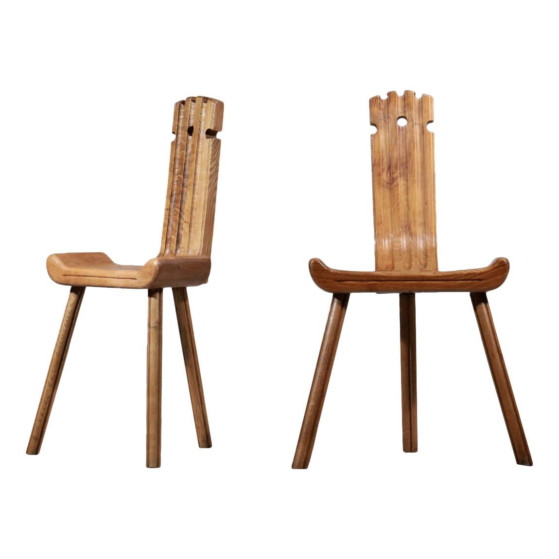 French Tripod Chairs from the 1960s Oak Rustic Style of Charlotte Perriand, Pair