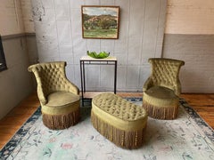 Pair of French Tufted Armchairs with Matching Ottoman