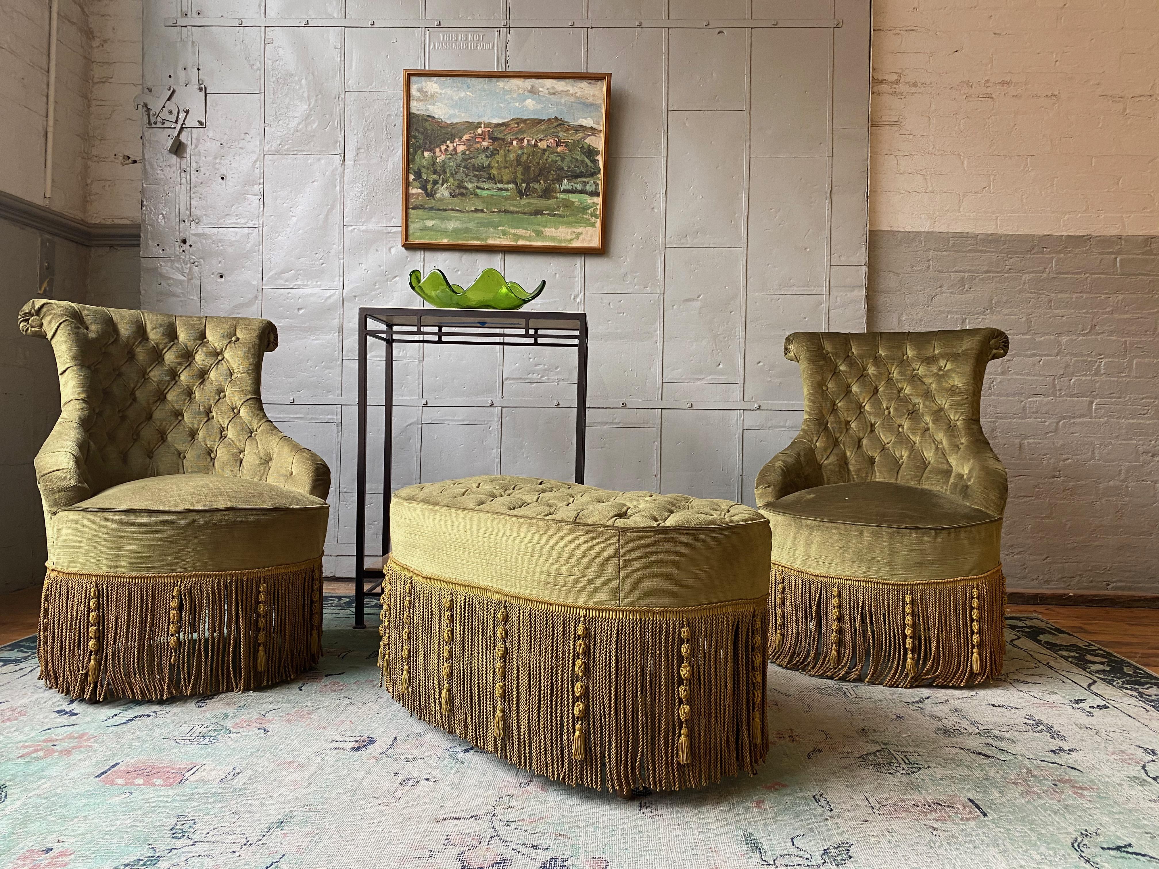 Pair of French Tufted Armchairs with Matching Ottoman 9