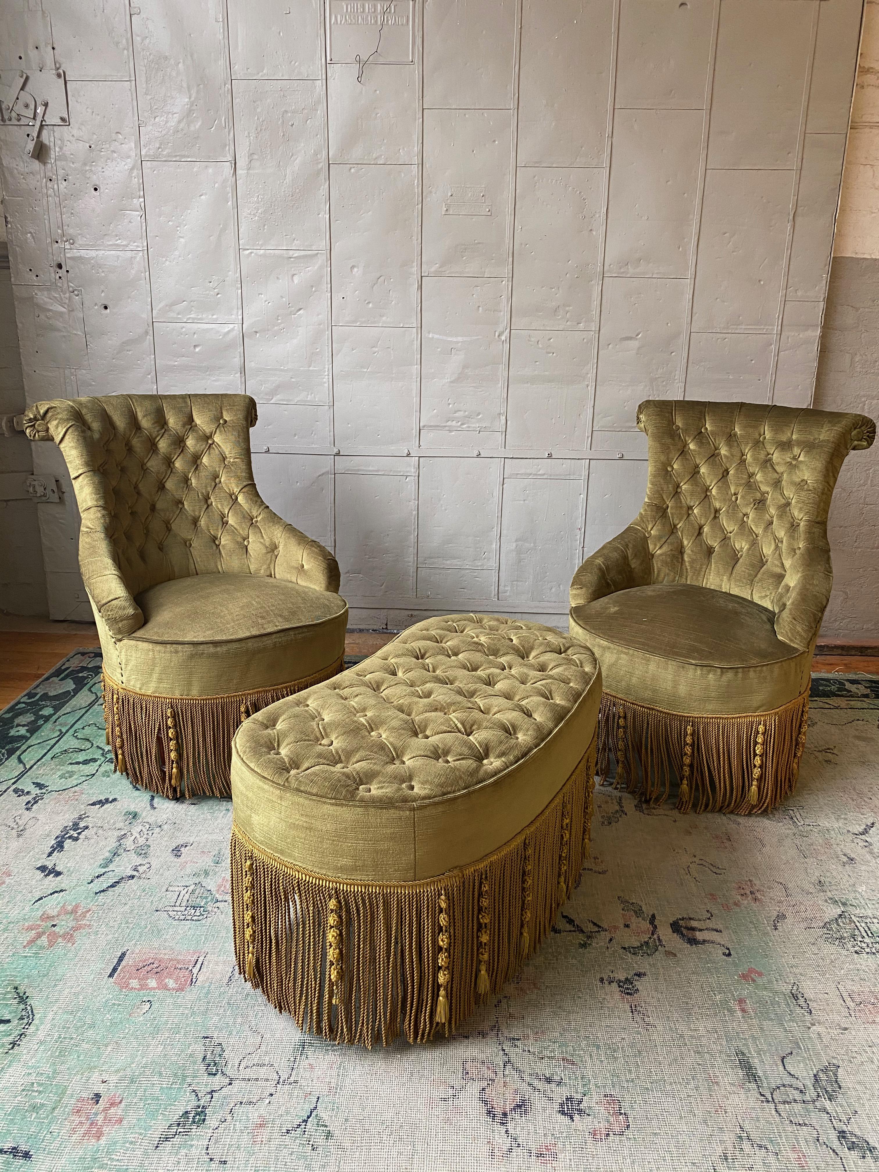 Napoleon III Pair of French Tufted Armchairs with Matching Ottoman