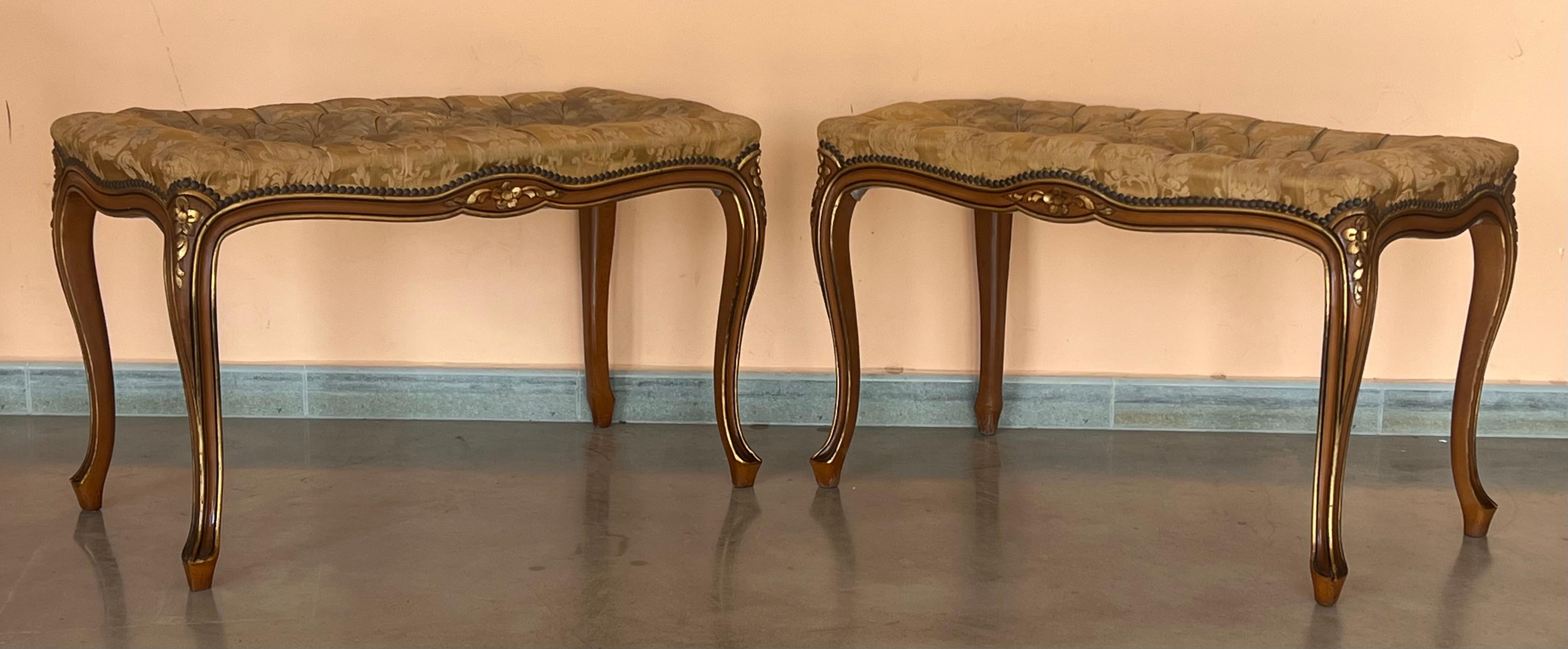 French Provincial Pair of French Tufted Benches with cabriole legs For Sale