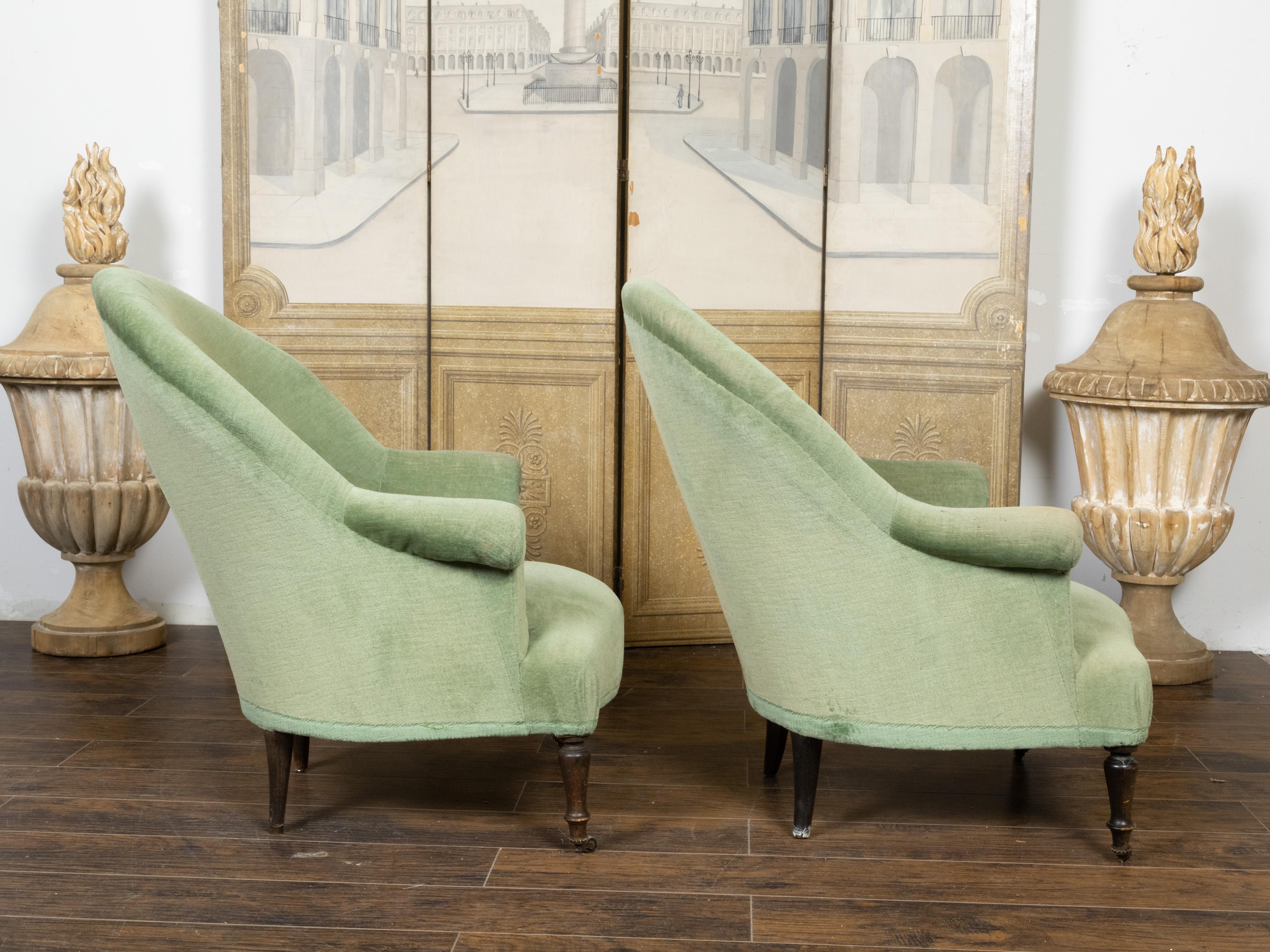 Pair of French Turn of the Century Bergère Chairs with Green Velvet Upholstery For Sale 2