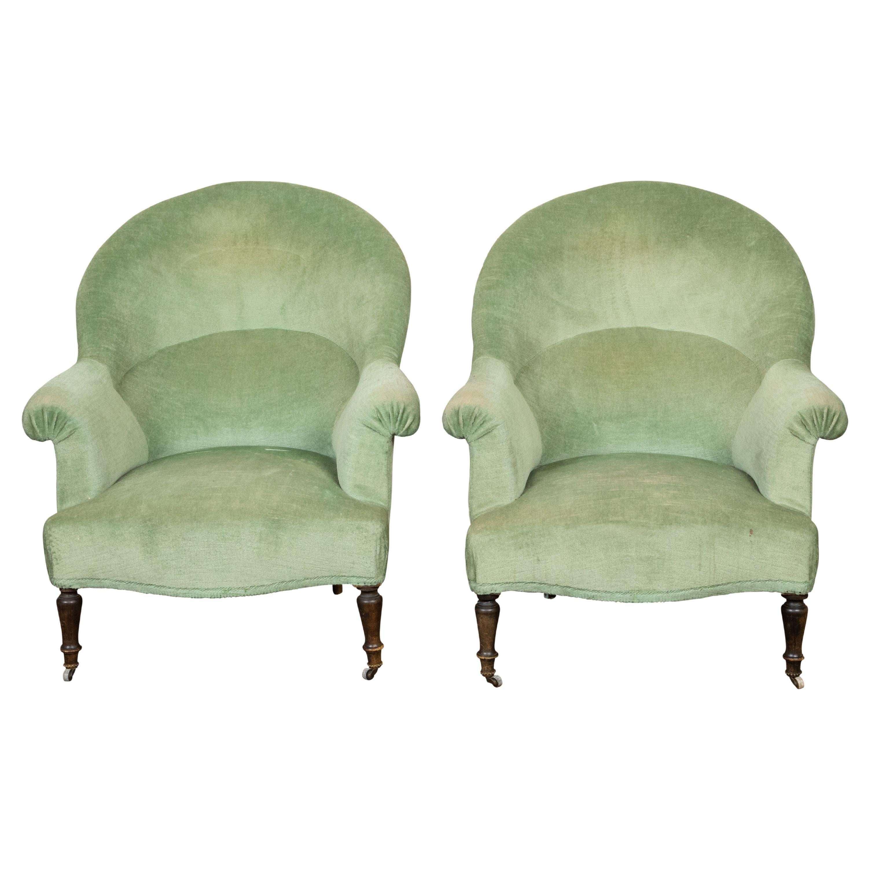 Pair of French Turn of the Century Bergère Chairs with Green Velvet Upholstery For Sale