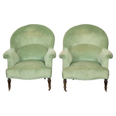 Pair of French Turn of the Century Bergère Chairs with Green Velvet Upholstery