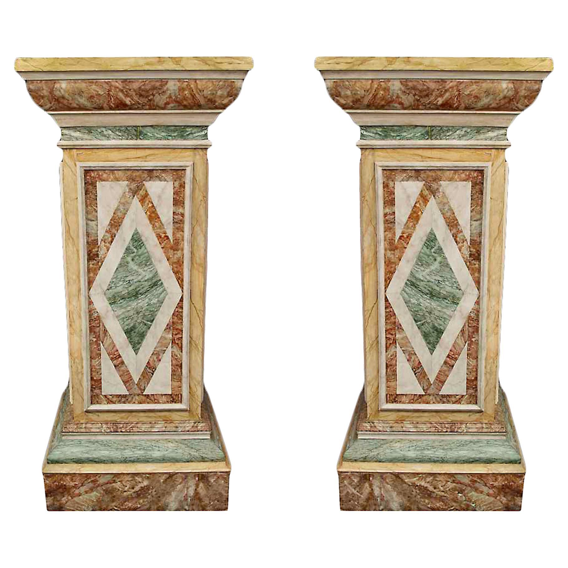 Pair of French Turn of the Century Faux Marble Painted Wood Pedestals
