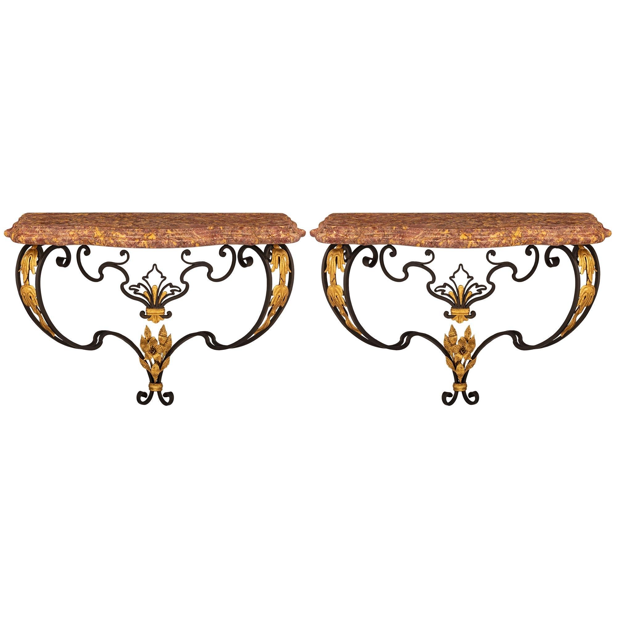 Pair of French Turn of the Century Louis XV St. Wrought Iron and Marble Consoles For Sale 3