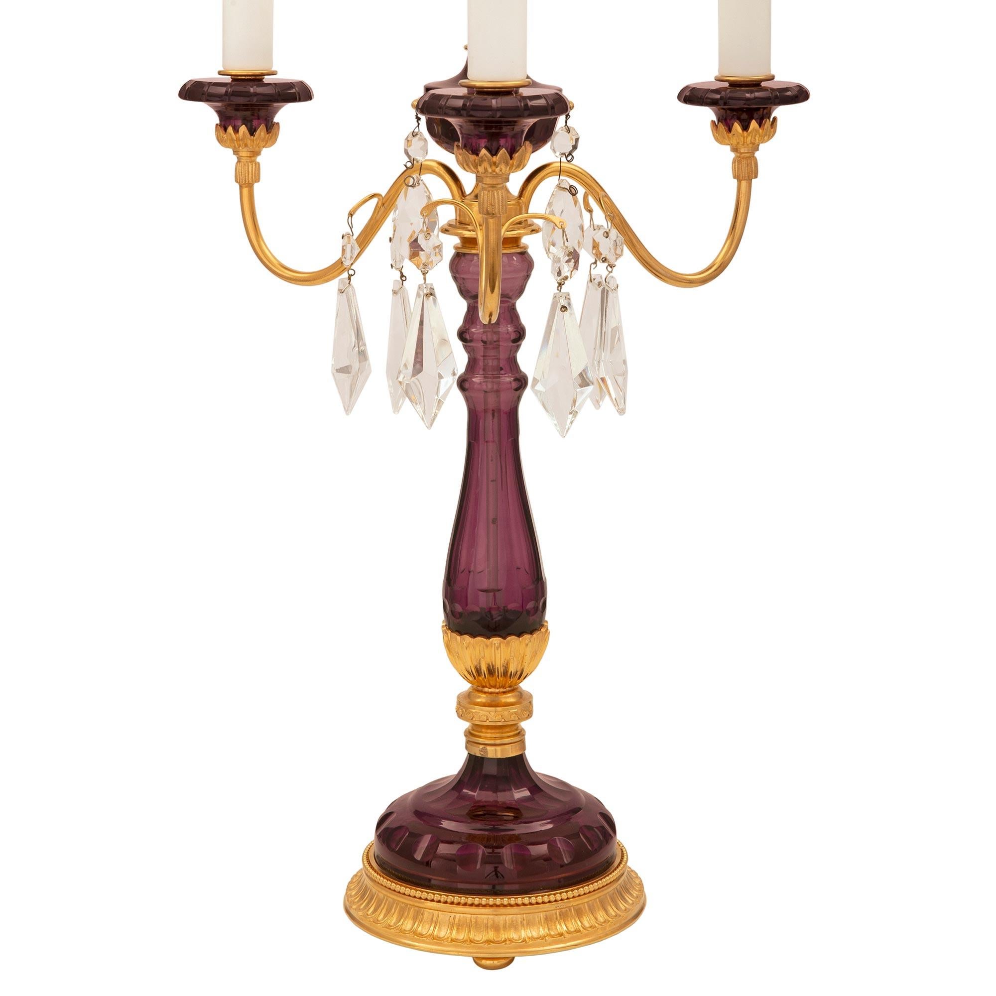 Pair of French Turn of the Century Louis XVI St. Amethyst Colored Glass Lamps In Good Condition For Sale In West Palm Beach, FL